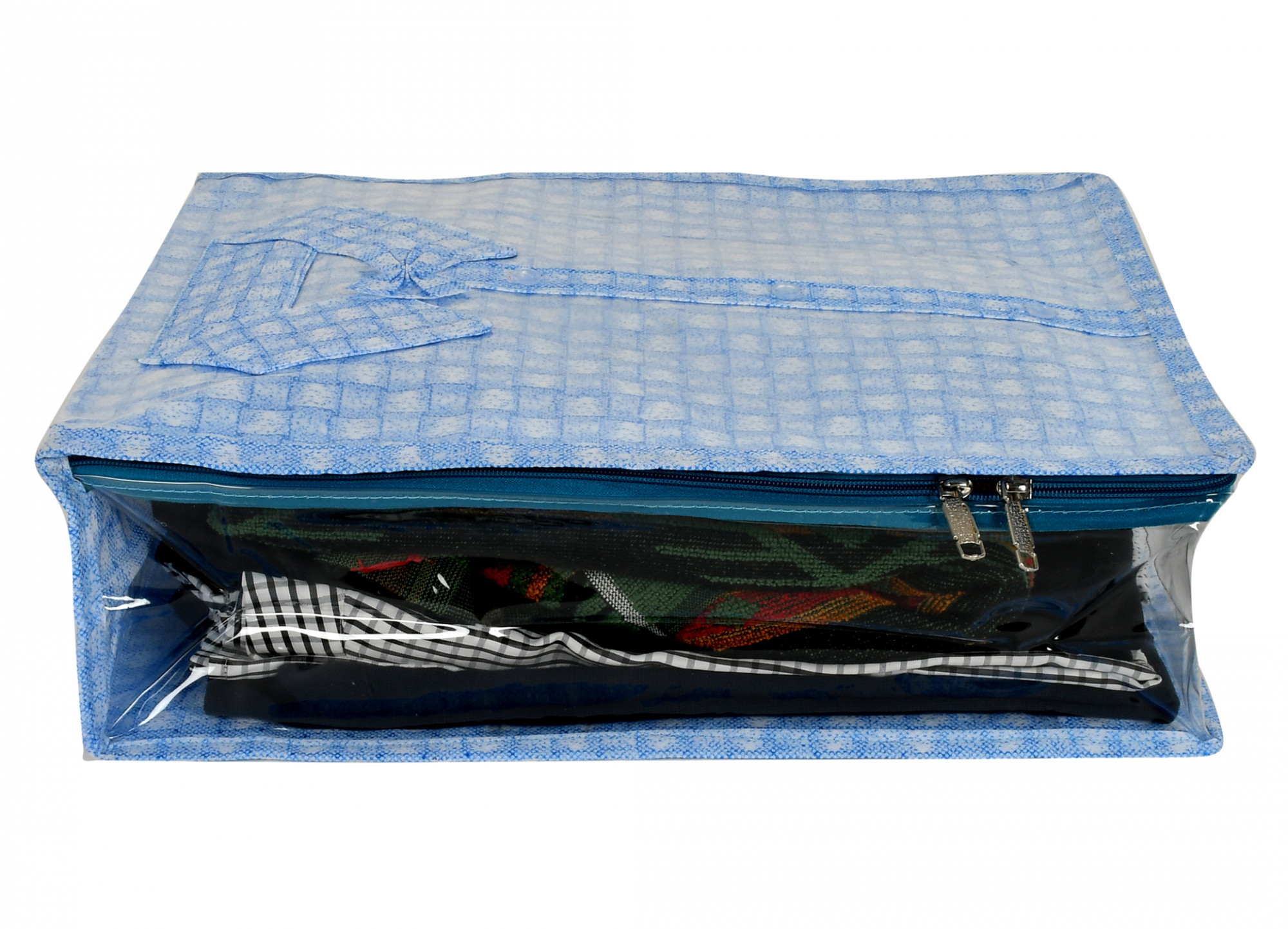 Kuber Industries Check Design Laminated PVC Transaparent Shirt Cover Bag For Storage Garment Foldable Shirt Cover Storage Organizer T-shirt Trousers Jeans Clothes Organizer (Blue)-HS_38_KUBMART21285
