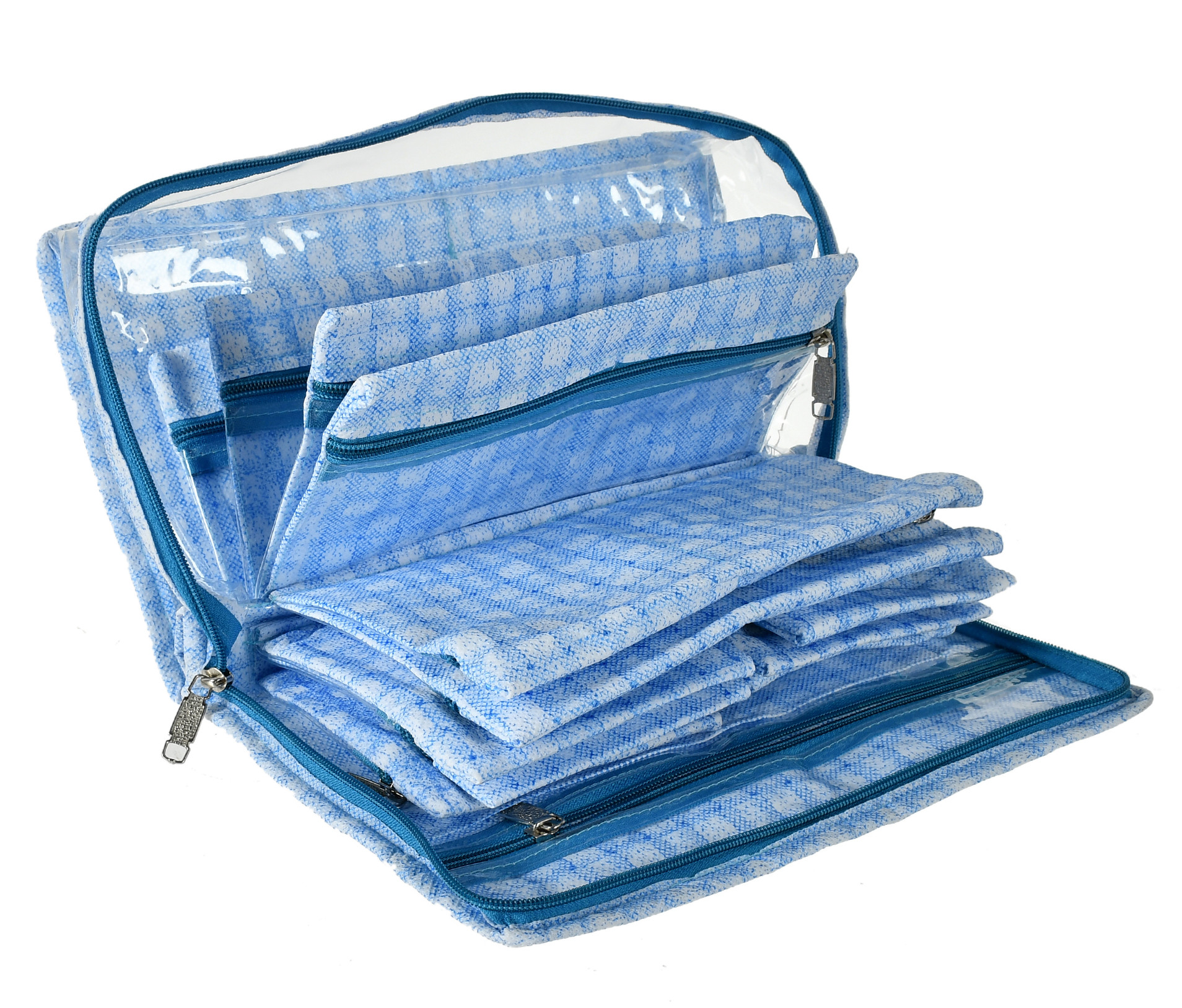 Kuber Industries Check Design Laminated PVC Travel Jewelry Organiser, Jewelry Storage Bags for Necklace, Earrings, Rings, Bracelet With 13 Transparent Pouches (Blue)-HS_38_KUBMART21257