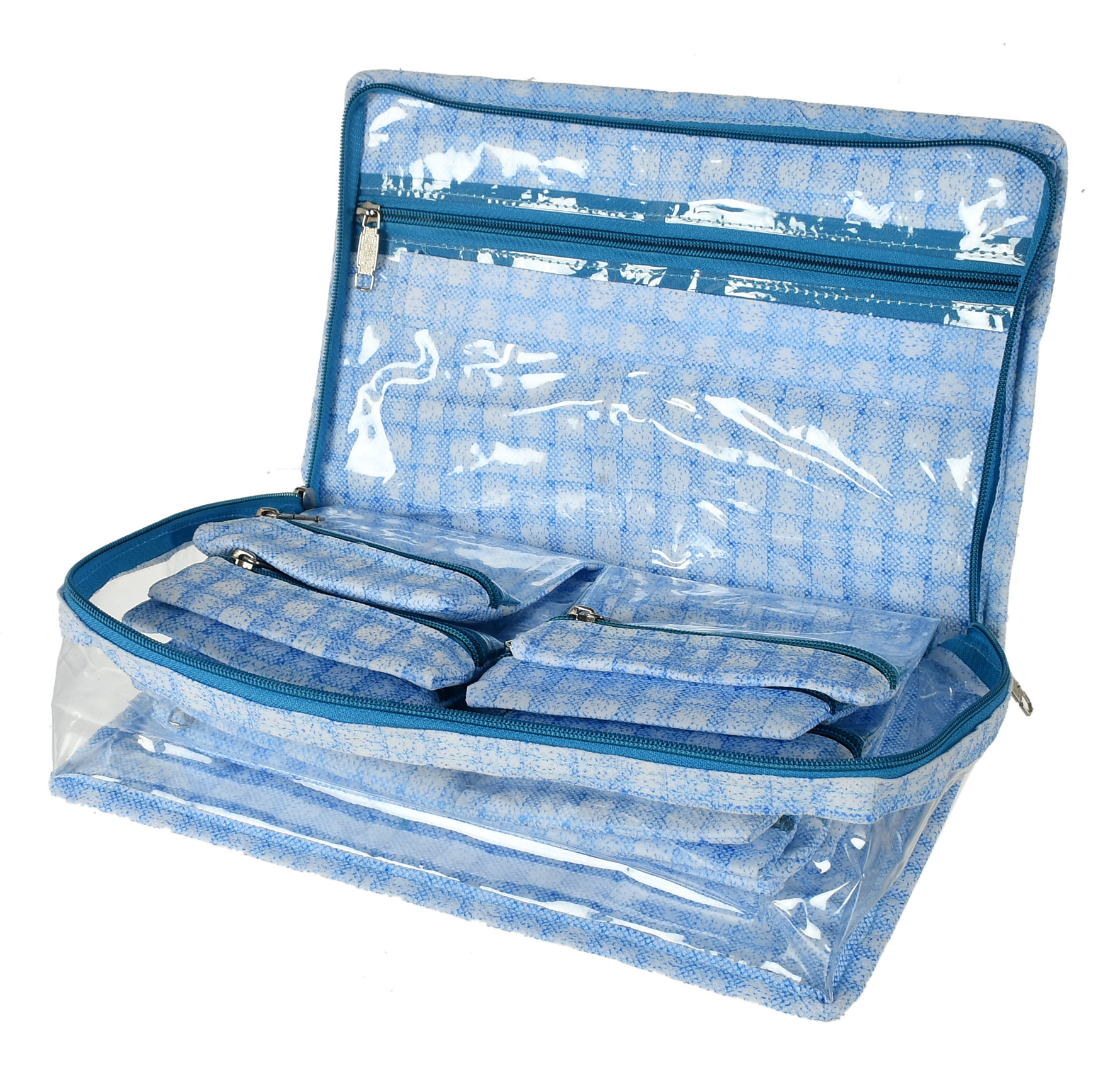 Kuber Industries Check Design Laminated PVC Travel Jewelry Organiser, Jewelry Storage Bags for Necklace, Earrings, Rings, Bracelet With 13 Transparent Pouches (Blue)-HS_38_KUBMART21257
