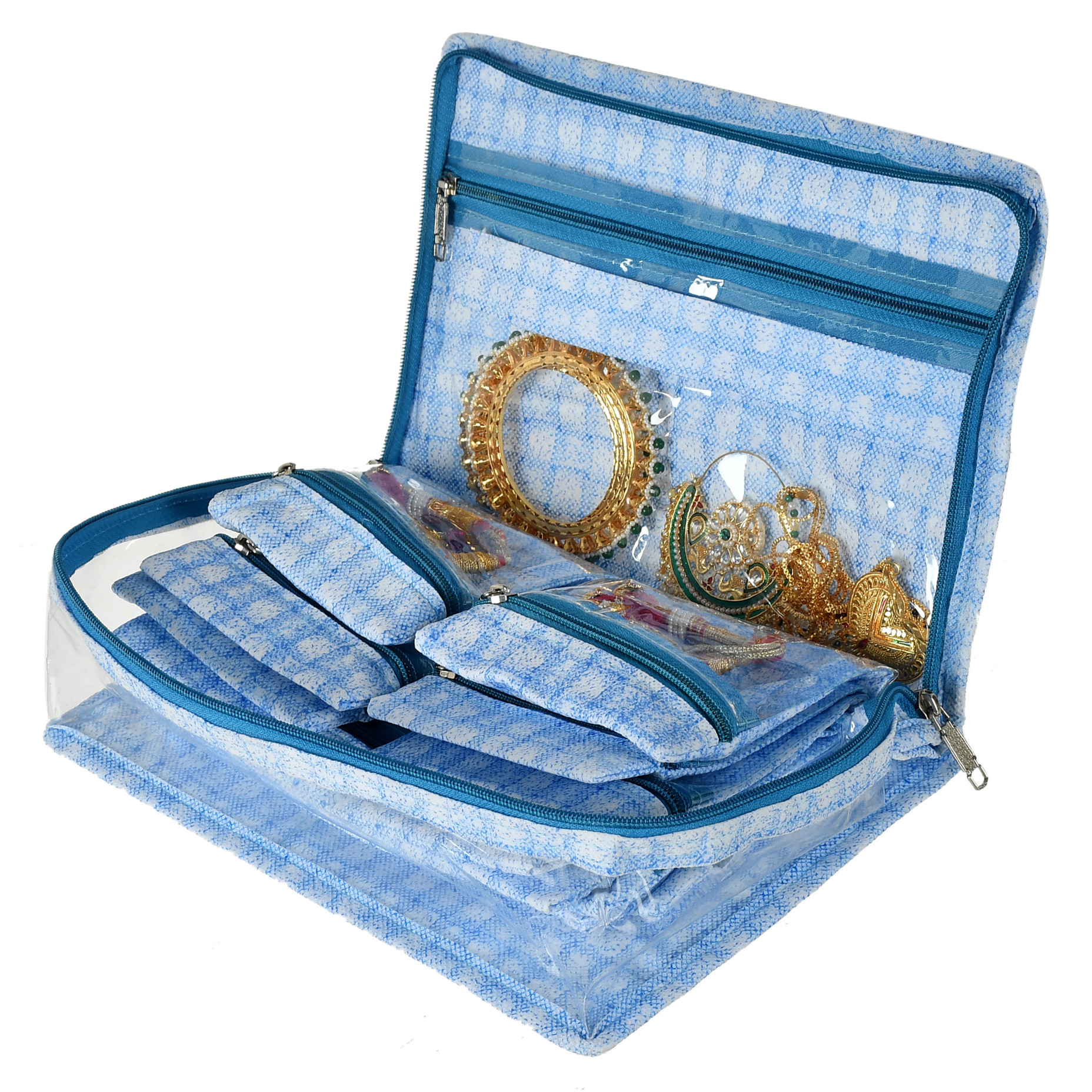 Kuber Industries Check Design Laminated PVC Travel Jewelry Organiser, Jewelry Storage Bags for Necklace, Earrings, Rings, Bracelet With 13 Transparent Pouches (Blue)-HS_38_KUBMART21257