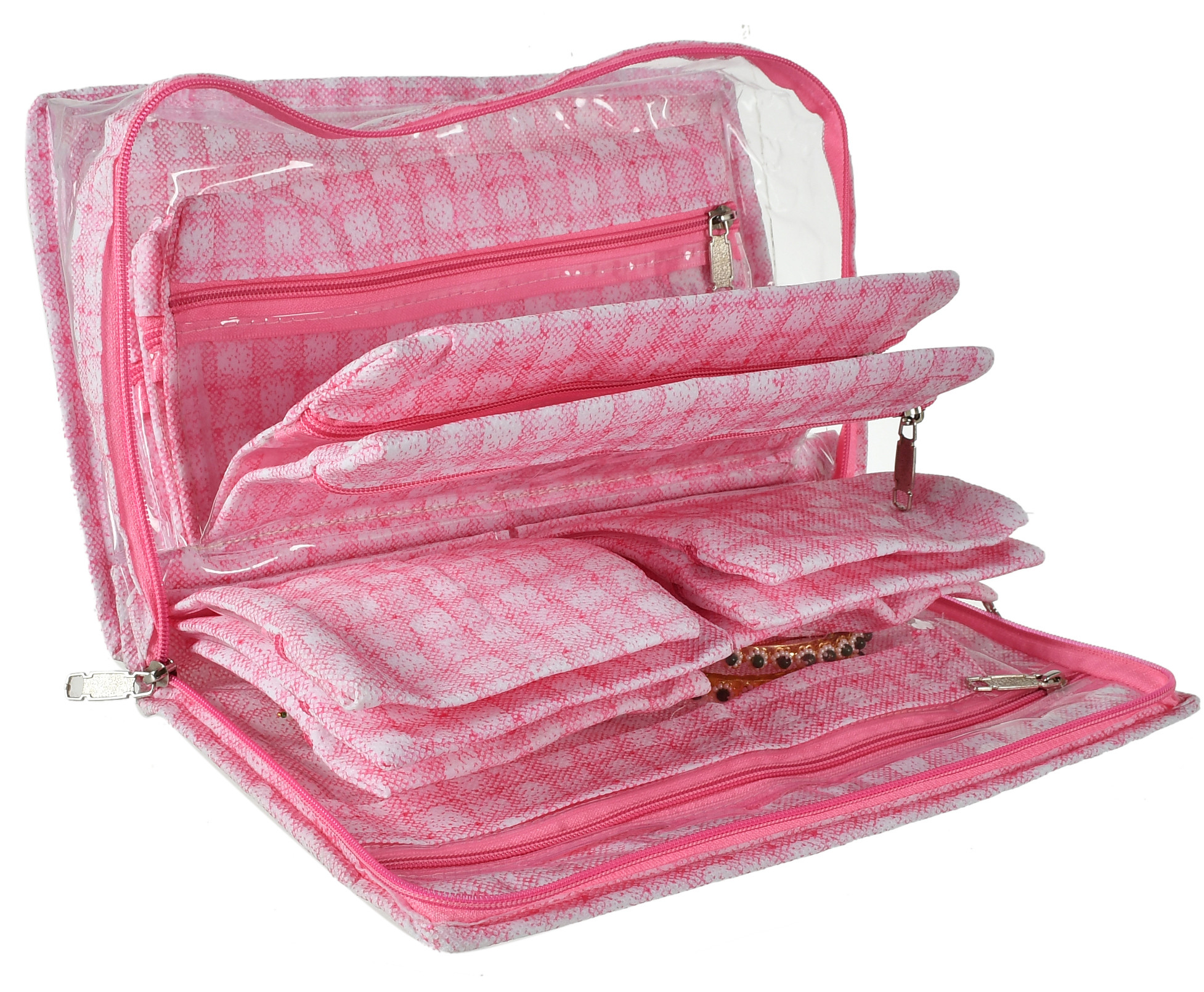 Kuber Industries Check Design Laminated PVC Travel Jewelry Organiser, Jewelry Storage Bags for Necklace, Earrings, Rings, Bracelet With 13 Transparent Pouches (Pink)-HS_38_KUBMART21261