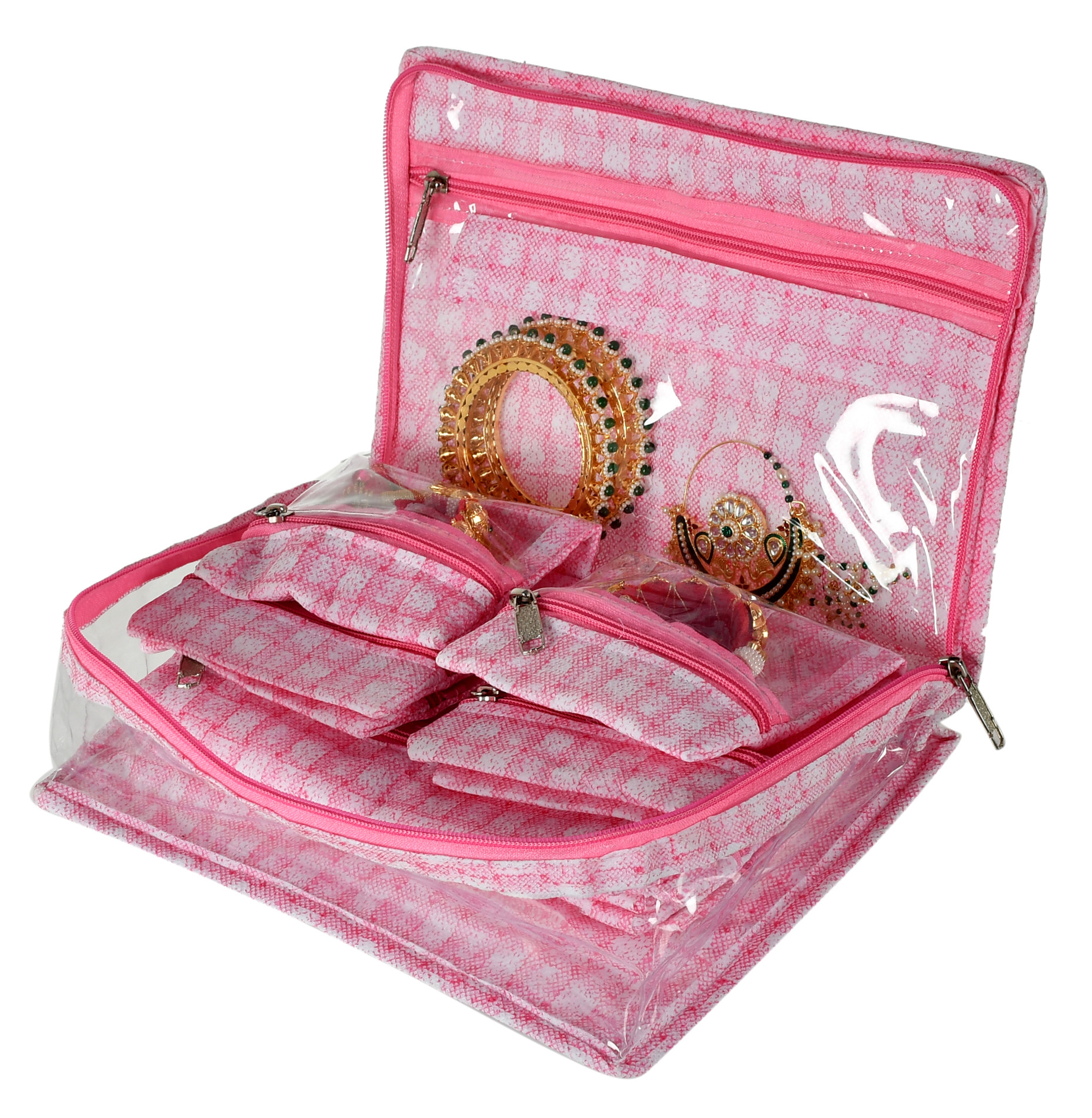 Kuber Industries Check Design Laminated PVC Travel Jewelry Organiser, Jewelry Storage Bags for Necklace, Earrings, Rings, Bracelet With 13 Transparent Pouches (Pink)-HS_38_KUBMART21261