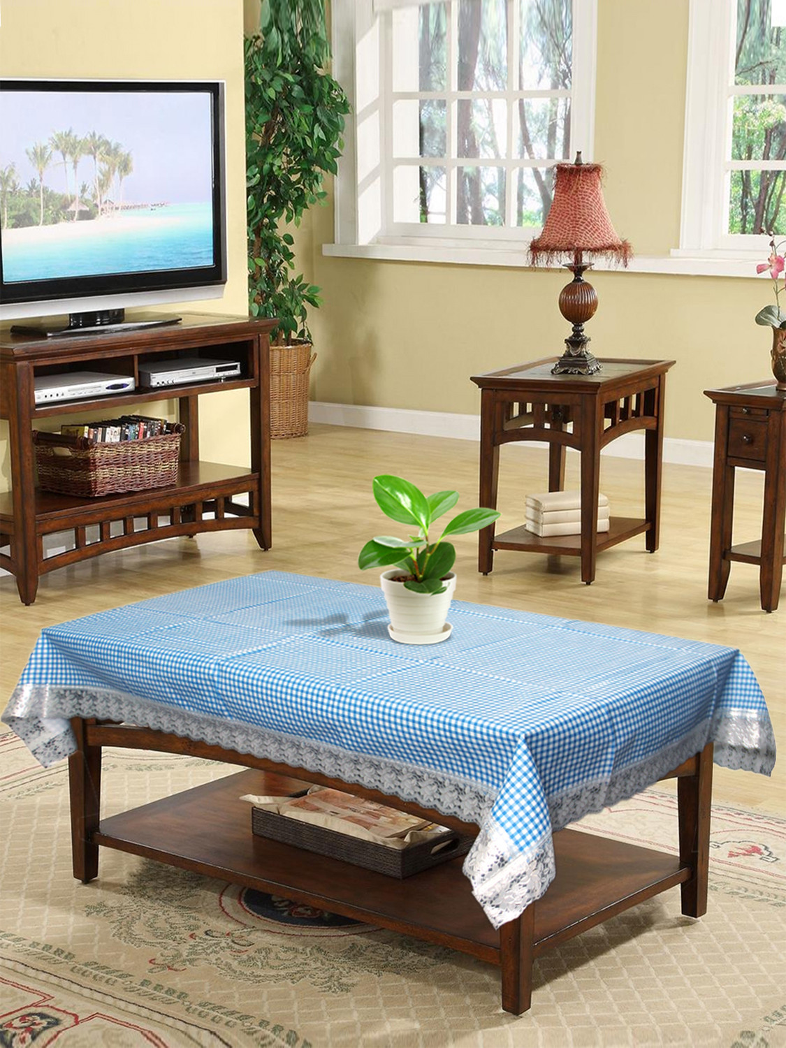 Kuber Industries Check Design PVC 4 Seater Center Table Cover 40