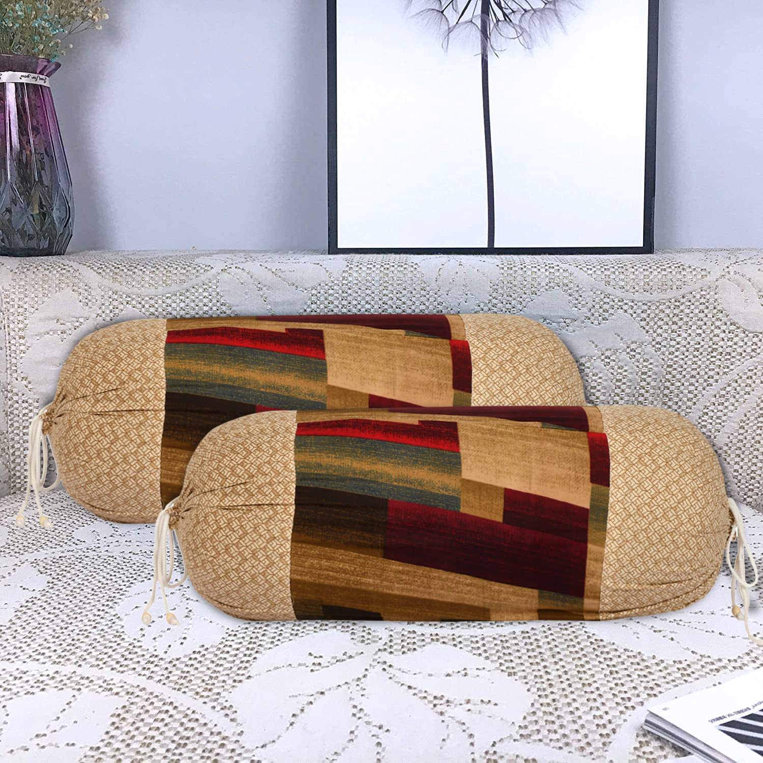 Kuber Industries Check Floral Print Soft & Luxurious Decorative Cotton Bolster Cover, 16