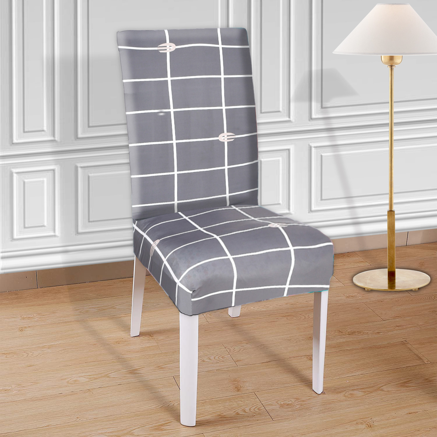 Kuber Industries Check Printed Elastic Stretchable Polyster Chair Cover For Home, Office, Hotels, Wedding Banquet (Grey)