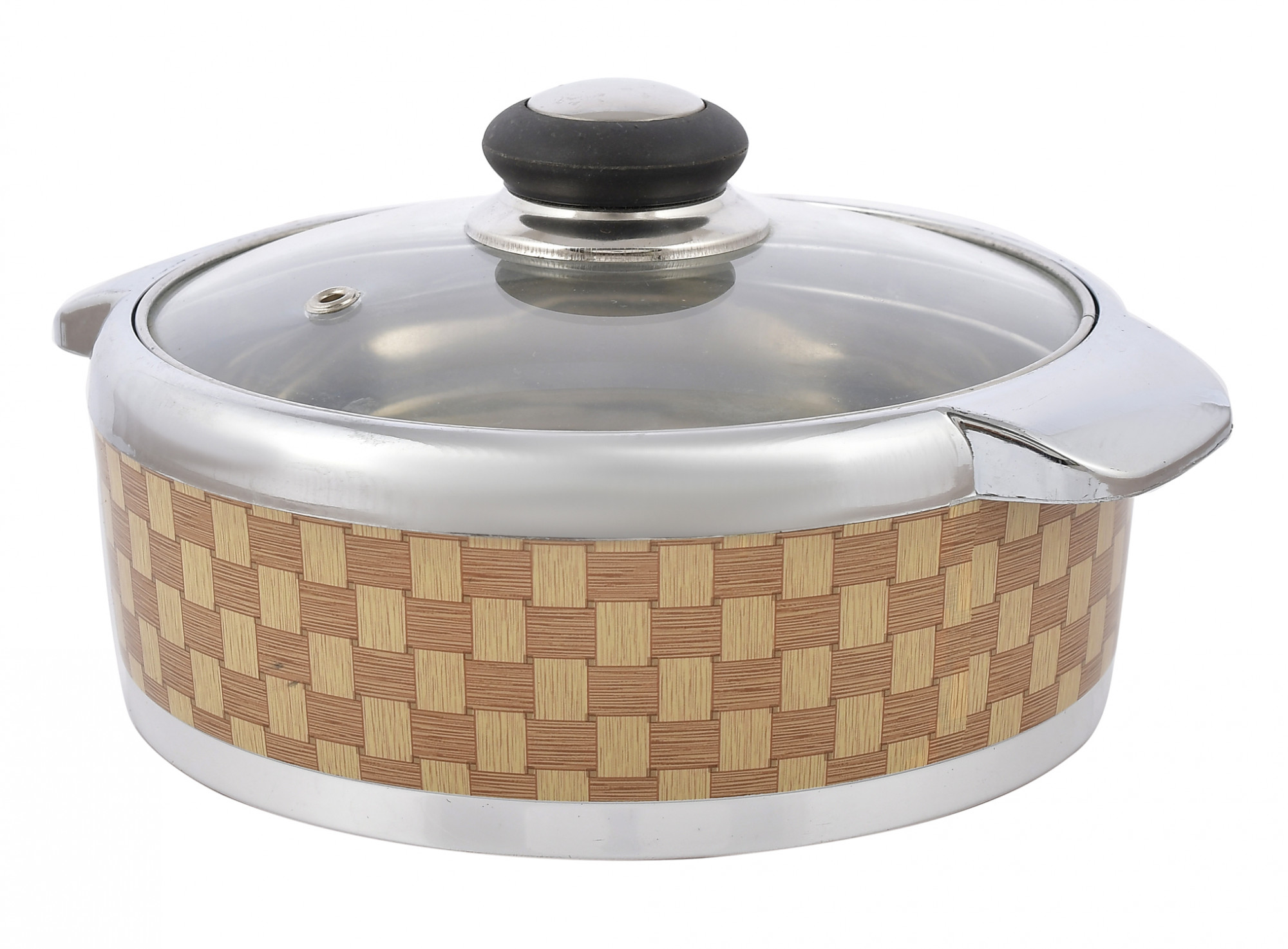 Kuber Industries Check Printed Inner Steel Casserole With Toughened Glass Lid, 1500ml (Brown)-HS42KUBMART25021