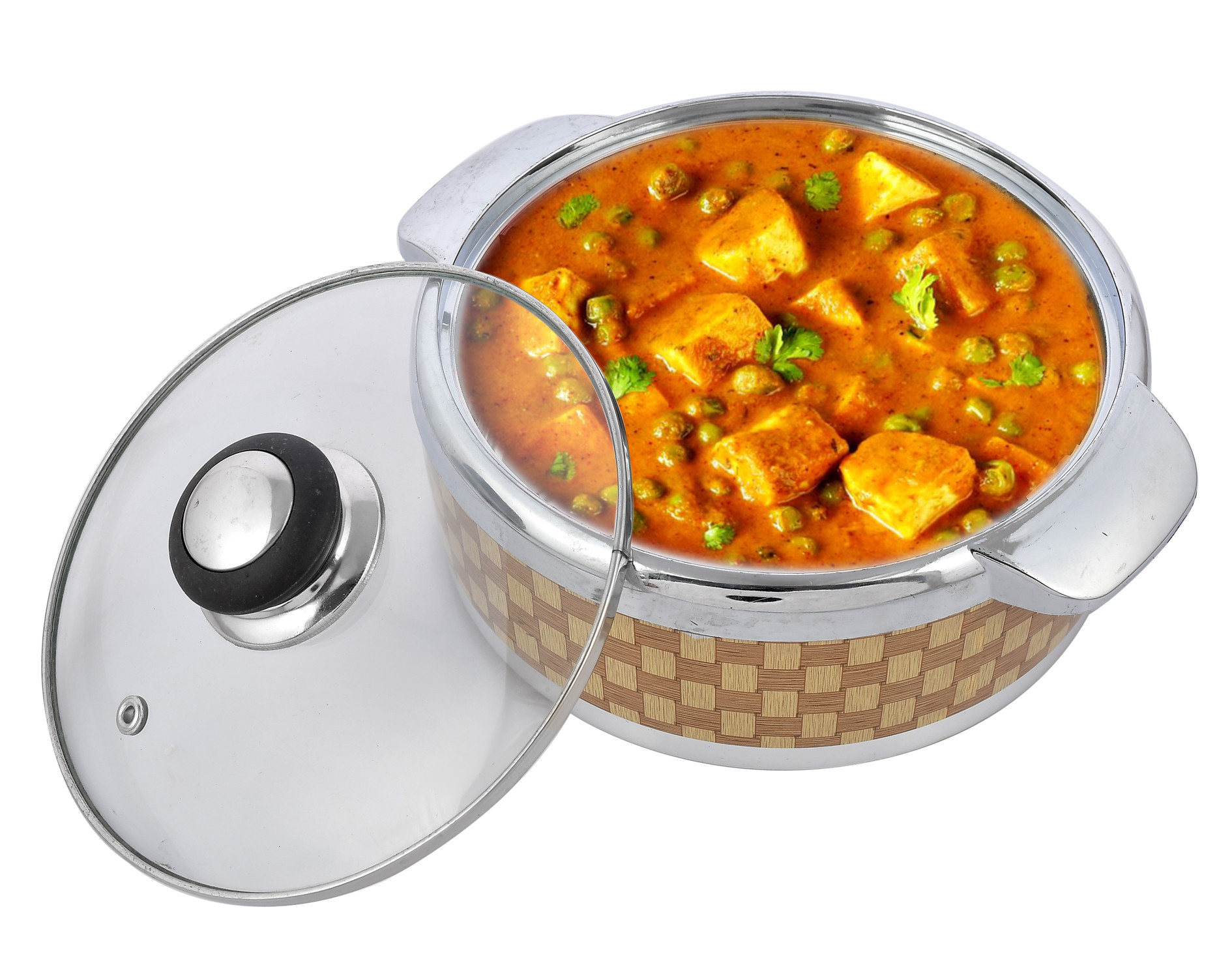 Kuber Industries Check Printed Inner Steel Casserole With Toughened Glass Lid, 1500ml (Brown)-HS42KUBMART25021