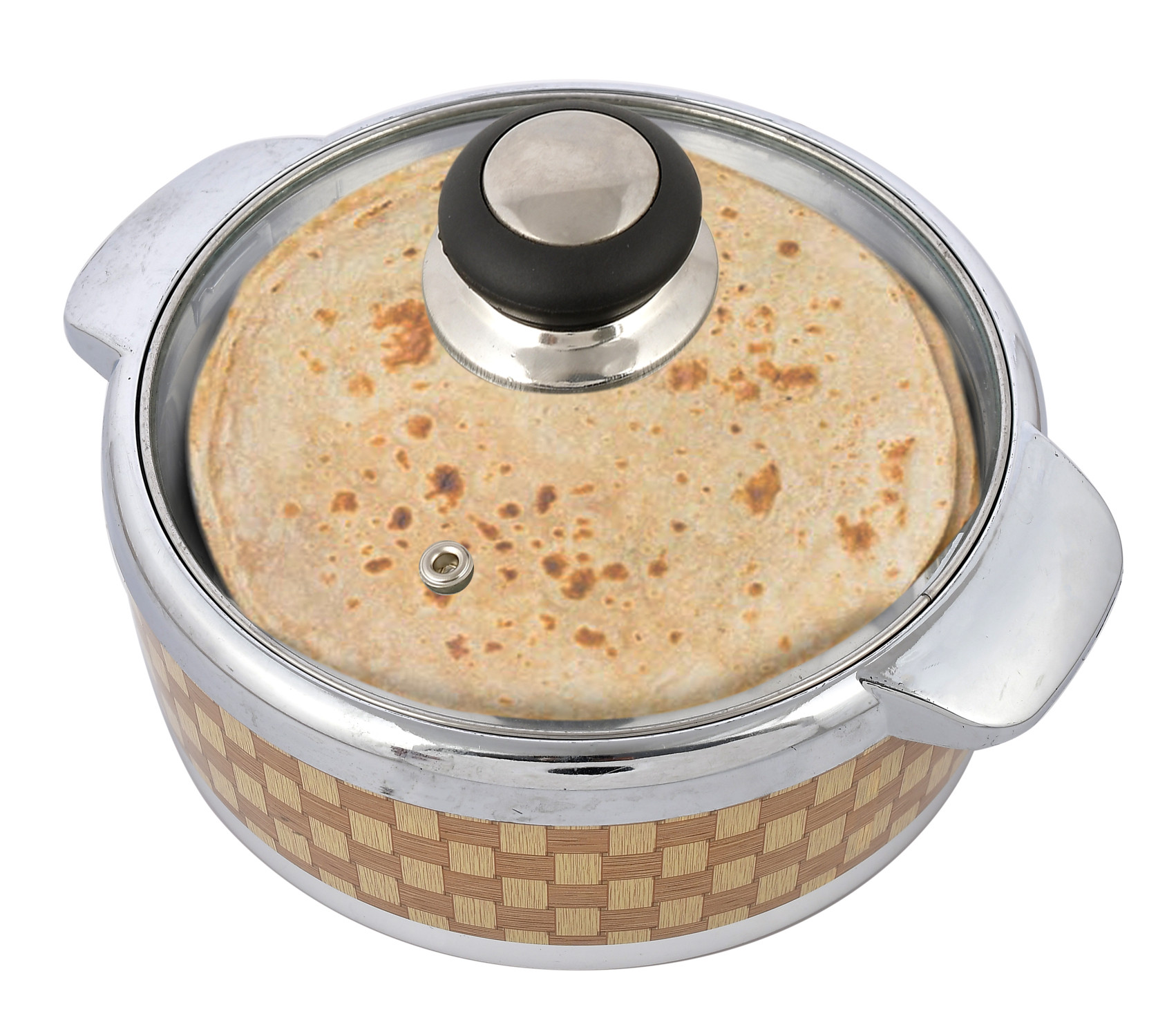 Kuber Industries Check Printed Inner Steel Casserole With Toughened Glass Lid, 1500ml (Brown)-HS42KUBMART25021