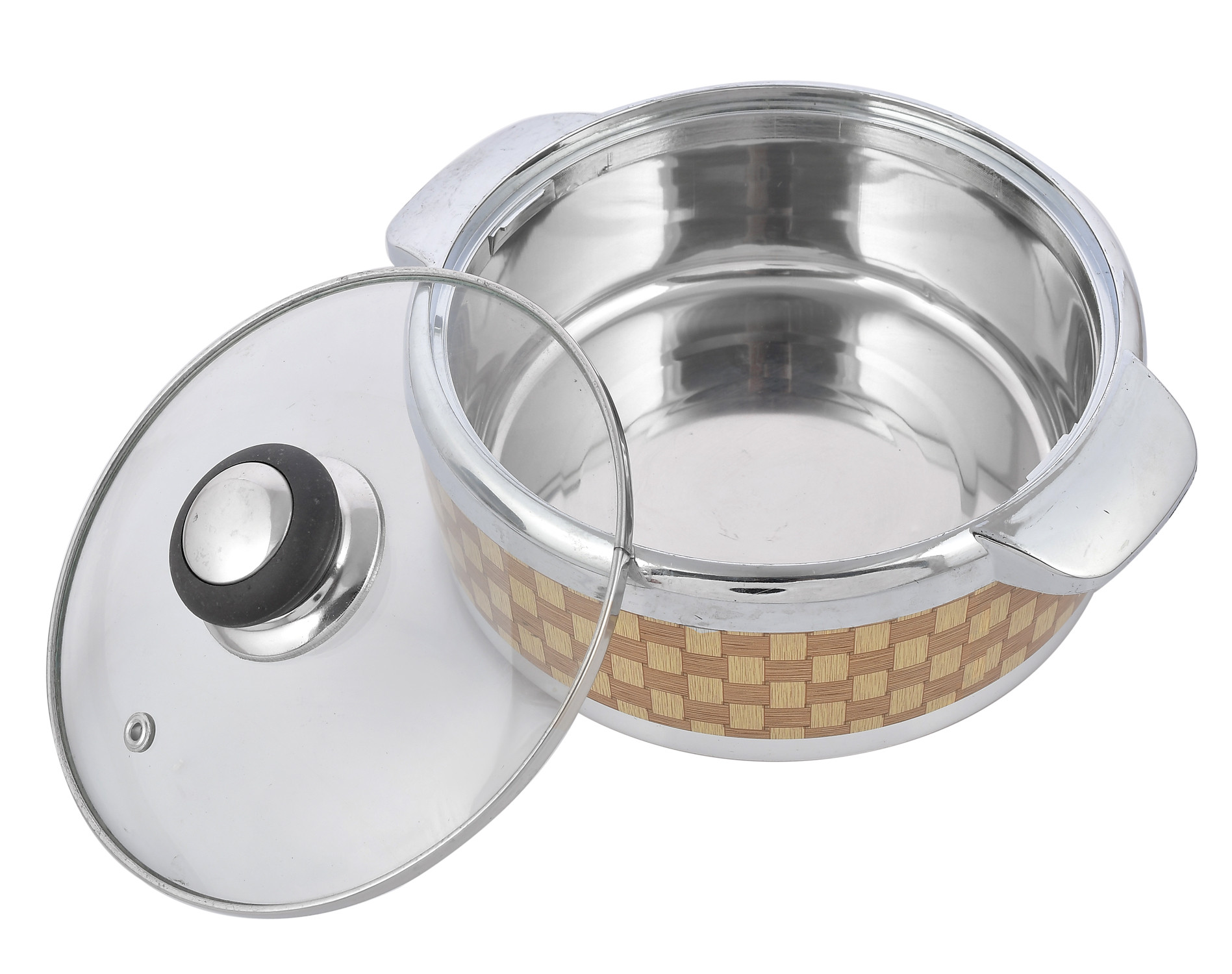 Kuber Industries Check Printed Inner Steel Casserole With Toughened Glass Lid, 1500ml (Brown)-HS42KUBMART25021