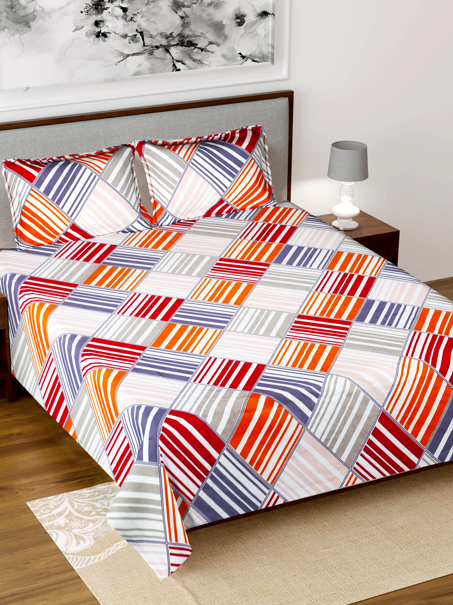 Kuber Industries Check Printed Luxurious Soft Breathable & Comfortable Glace Cotton Double Bedsheet With 2 Pillow Covers (Magenta & Grey)-HS43KUBMART26795