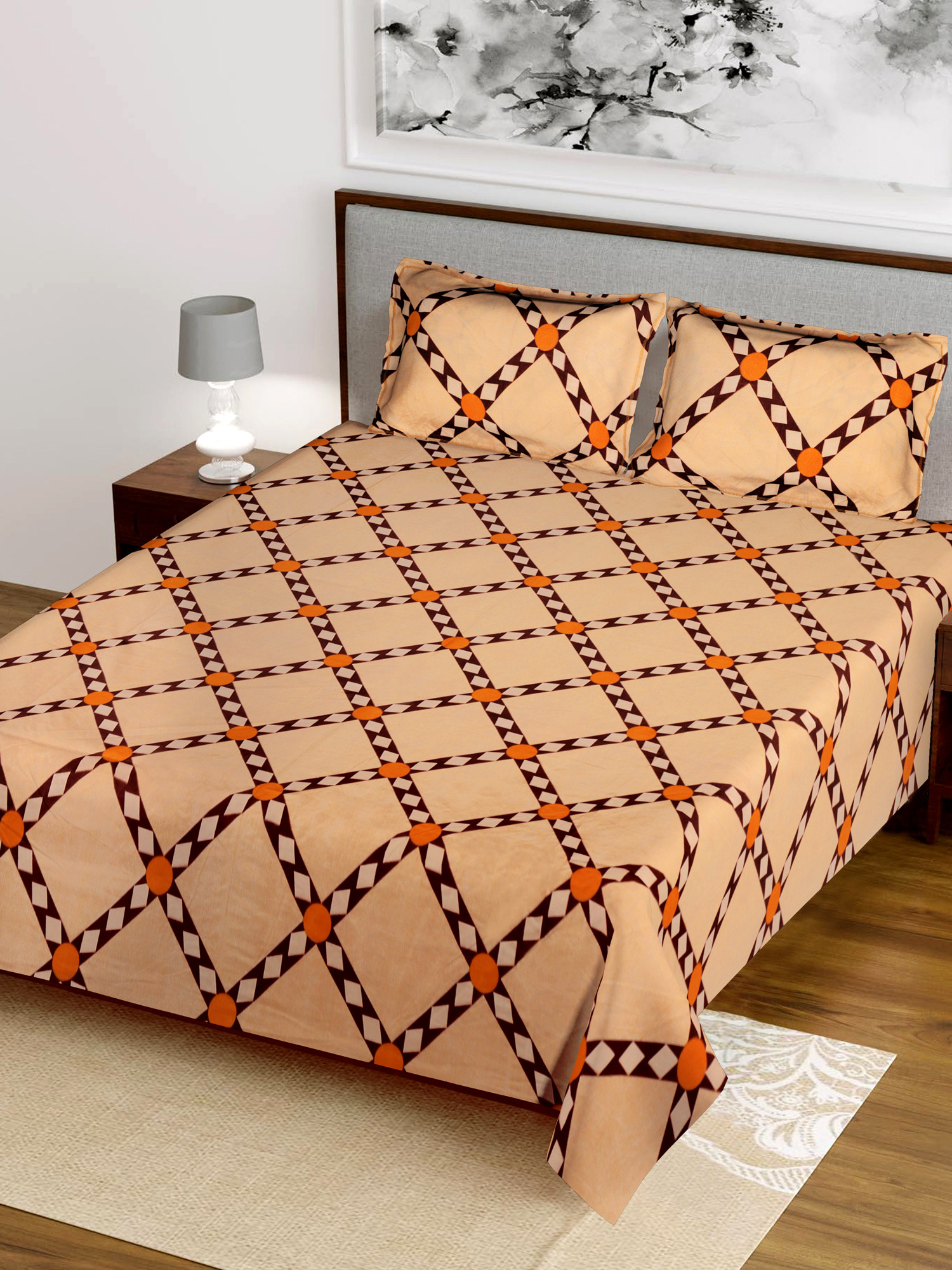 Kuber Industries Check Printed Luxurious Soft Breathable & Comfortable Glace Cotton Double Bedsheet With 2 Pillow Covers (Autumn Orange)-HS43KUBMART26803