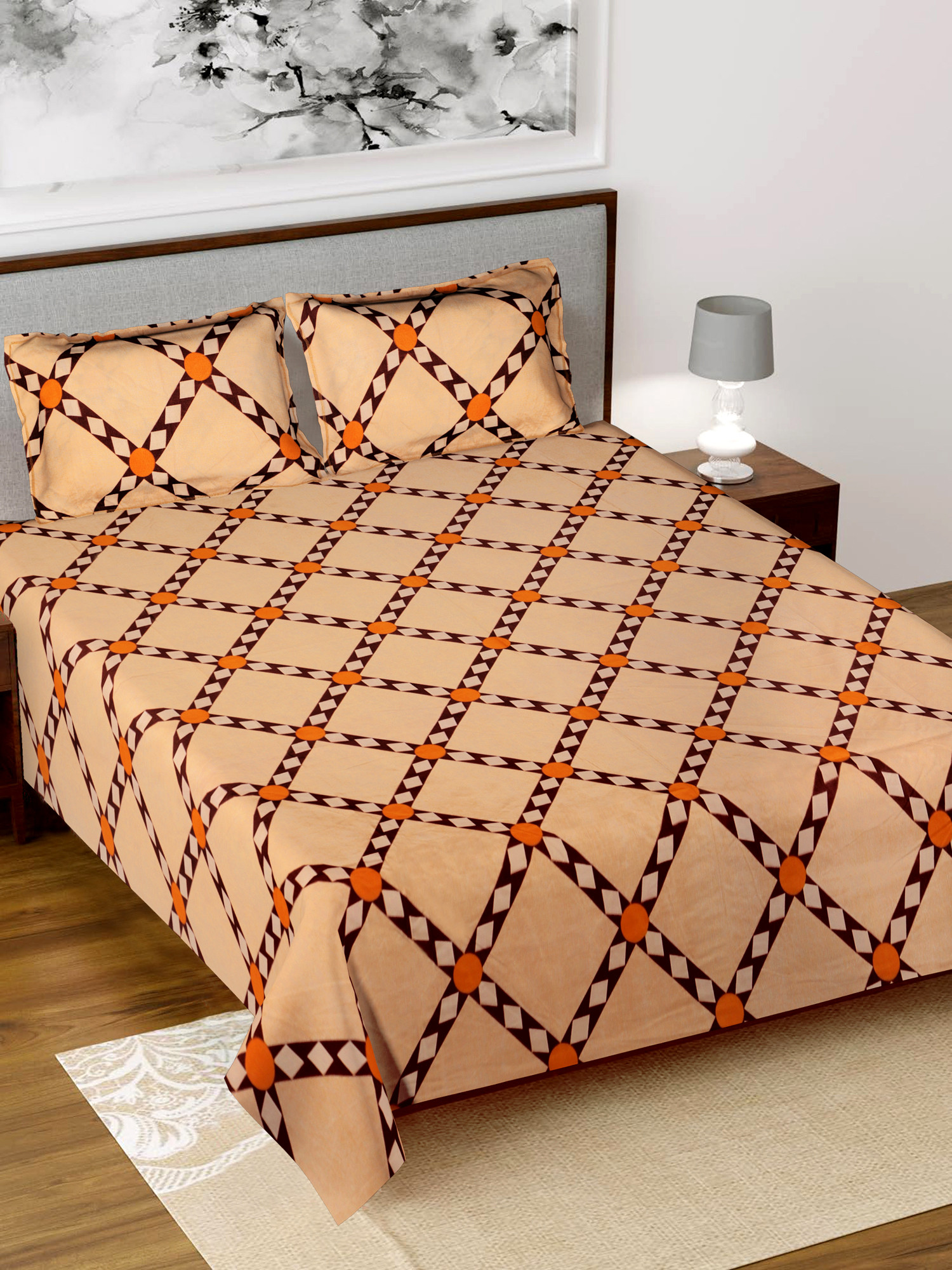 Kuber Industries Check Printed Luxurious Soft Breathable & Comfortable Glace Cotton Double Bedsheet With 2 Pillow Covers (Autumn Orange)-HS43KUBMART26803
