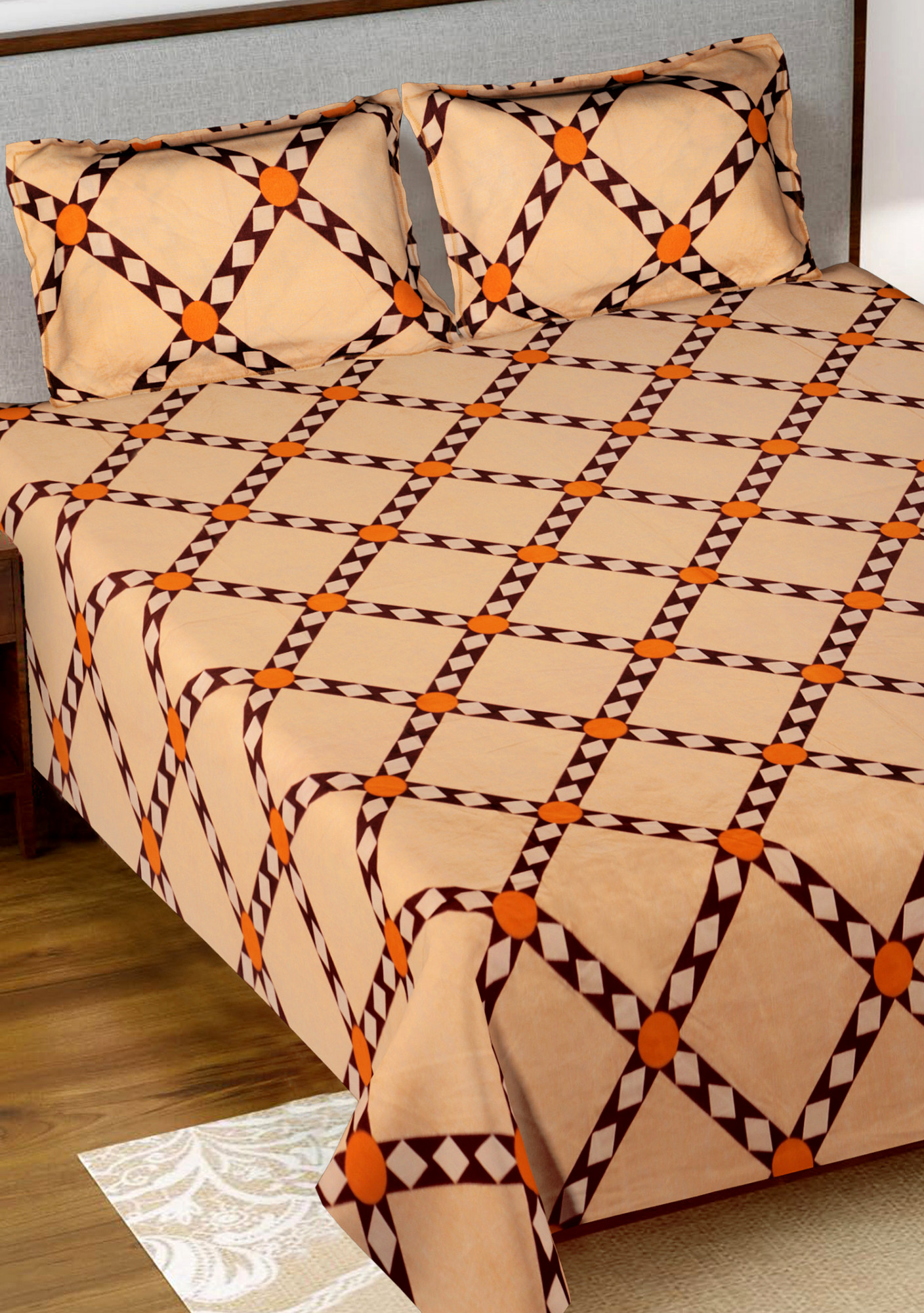 Kuber Industries Check Printed Luxurious Soft Breathable & Comfortable Glace Cotton Double Bedsheet With 2 Pillow Covers (Autumn Orange)-HS43KUBMART26803