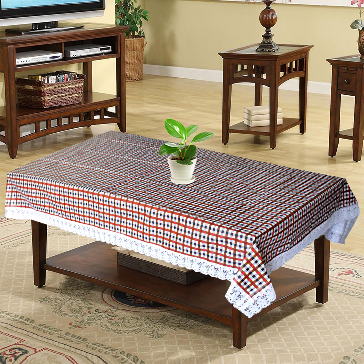 Kuber Industries Check Printed PVC 4 Seater Center Table Cover, Protector With White Lace Border, 40