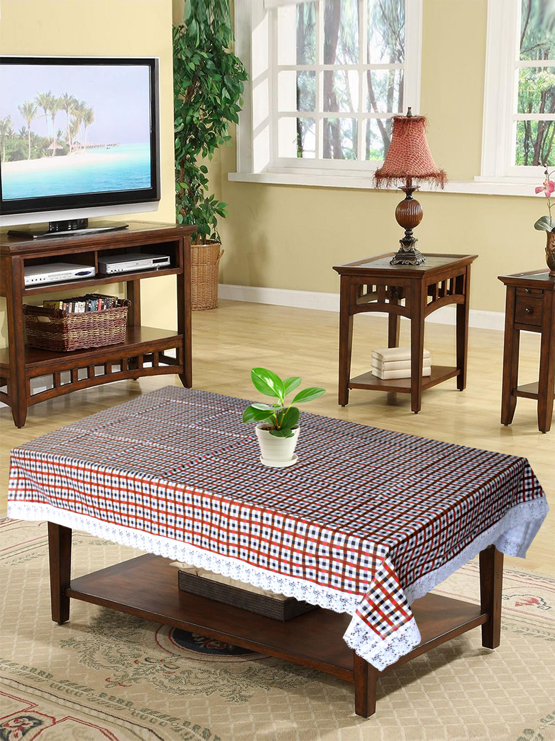 Kuber Industries Check Printed PVC 4 Seater Center Table Cover, Protector With White Lace Border, 40