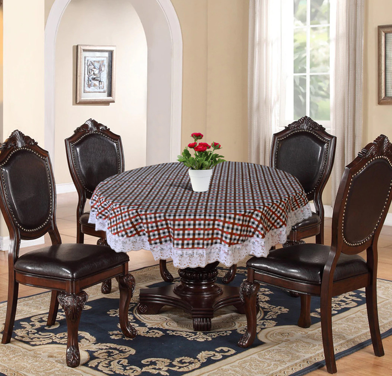 Kuber Industries Check Printed PVC 4 Seater Round Shape Table Cover, Protector With White Lace Border, 60