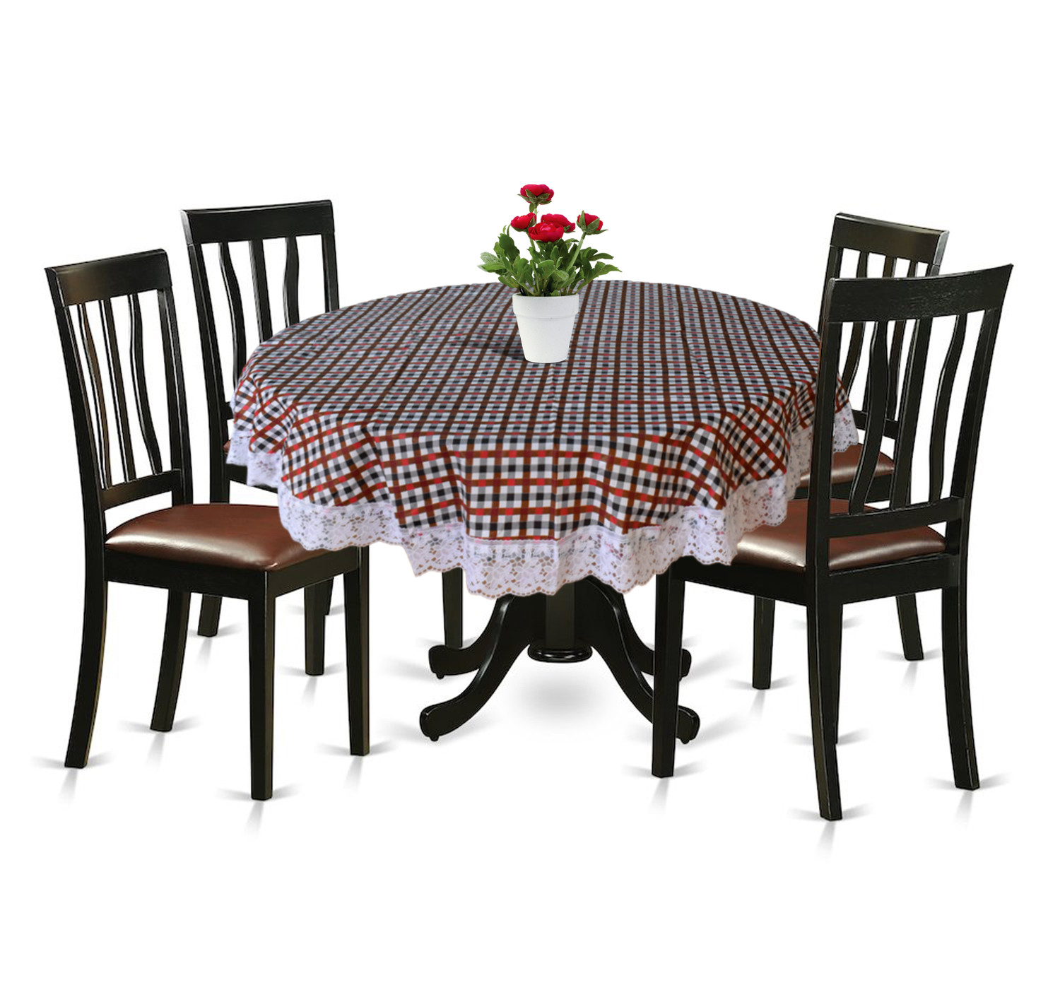 Kuber Industries Check Printed PVC 4 Seater Round Shape Table Cover, Protector With White Lace Border, 60