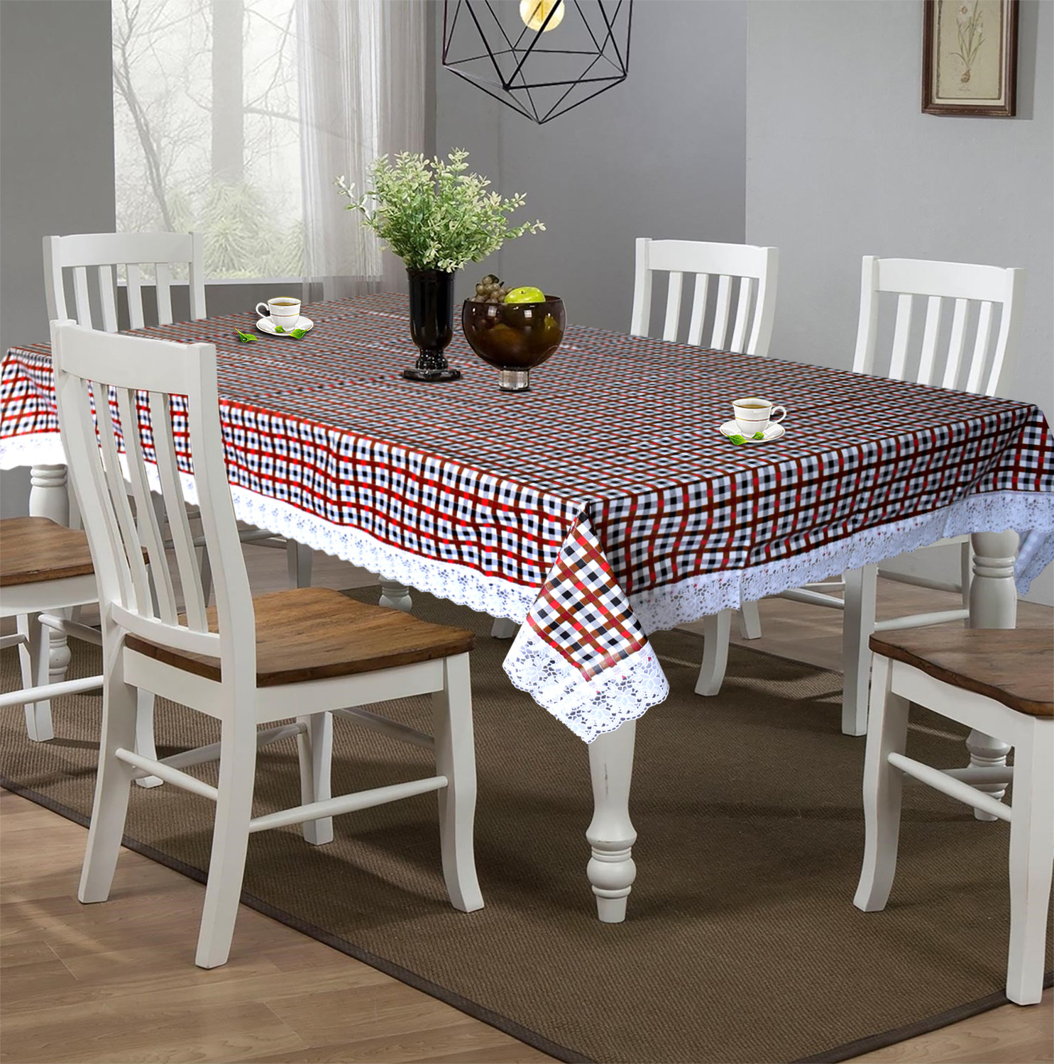 Kuber Industries Check Printed PVC 6 Seater Dinning Table Cover, Protector With White Lace Border, 60