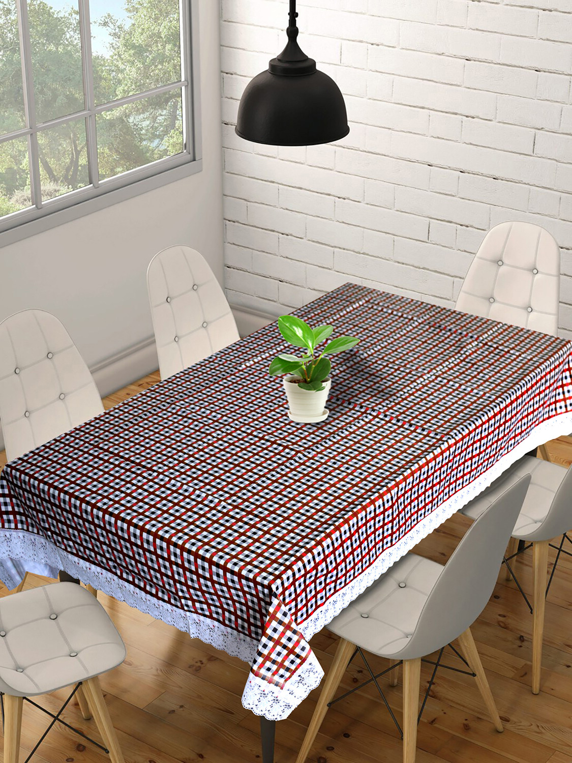 Kuber Industries Check Printed PVC 6 Seater Dinning Table Cover, Protector With White Lace Border, 60
