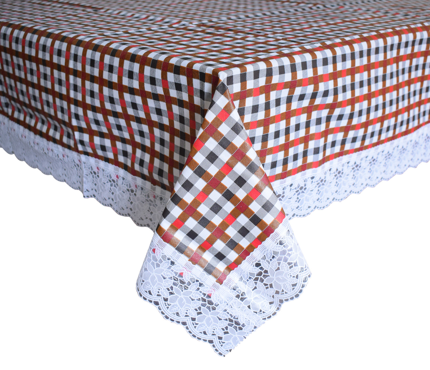Kuber Industries Check Printed PVC 6 Seater Dinning Table Cover, Protector With White Lace Border, 60