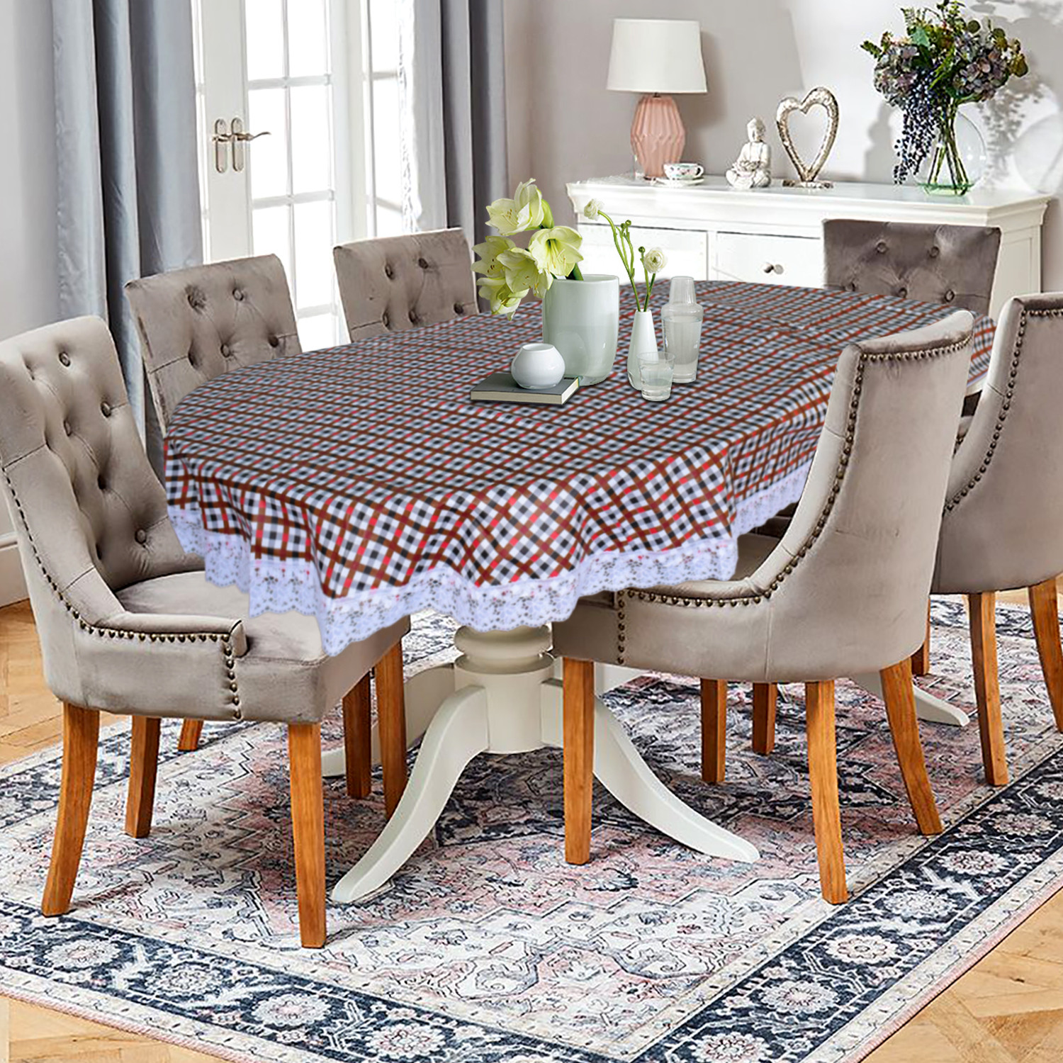 Kuber Industries Check Printed PVC 6 Seater Oval Shape Table Cover, Protector With White Lace Border, 60