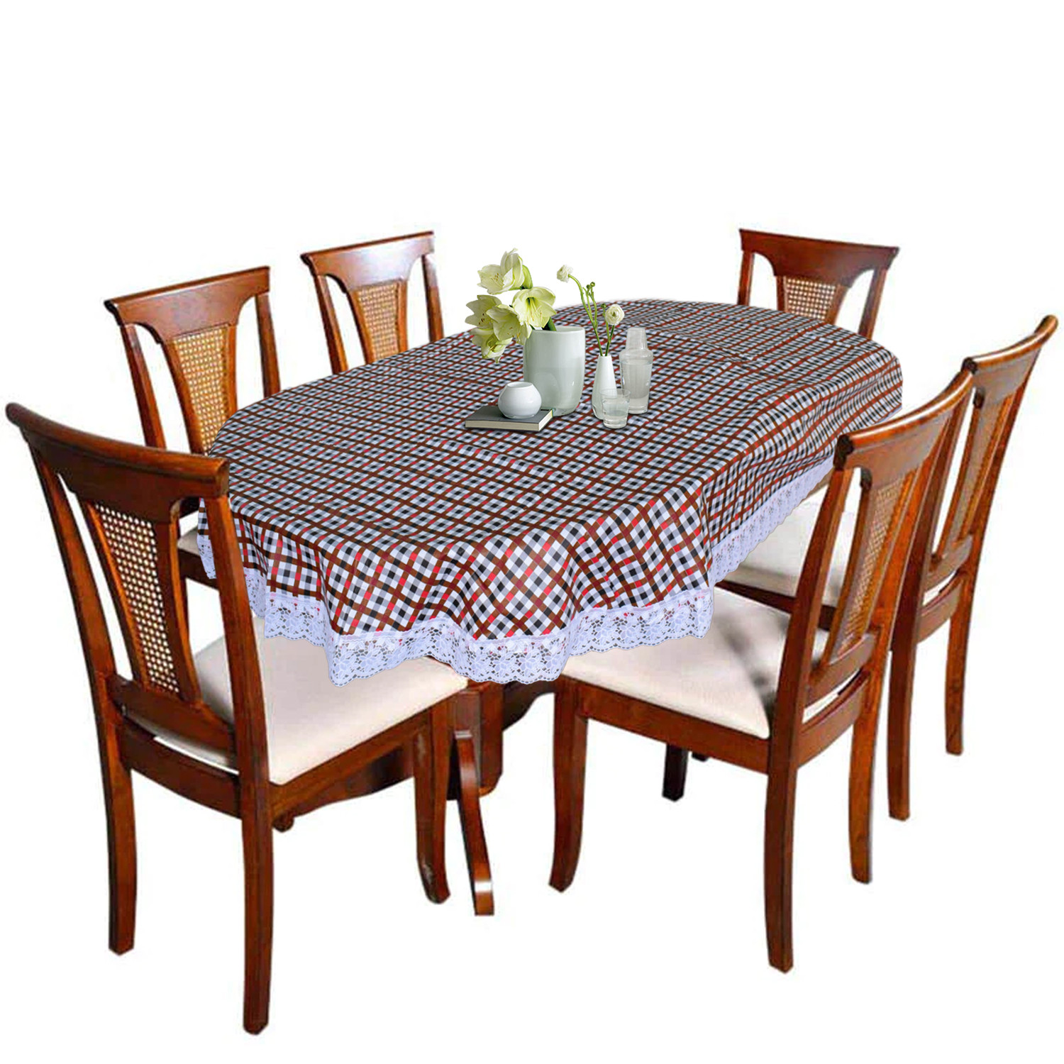 Kuber Industries Check Printed PVC 6 Seater Oval Shape Table Cover, Protector With White Lace Border, 60