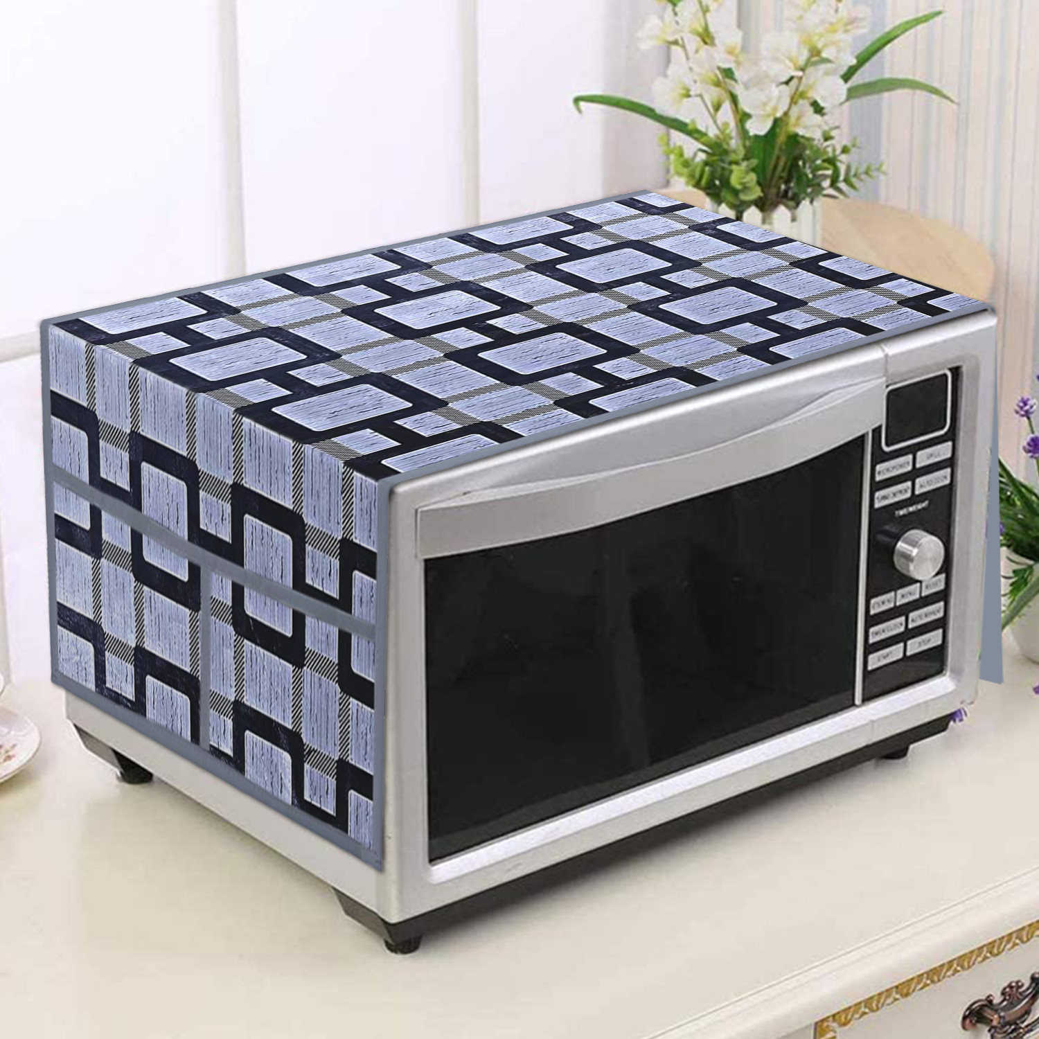 Kuber Industries Check Printed PVC Decorative Microwave Oven Top Cover With 4 Utility Pockets (Grey)