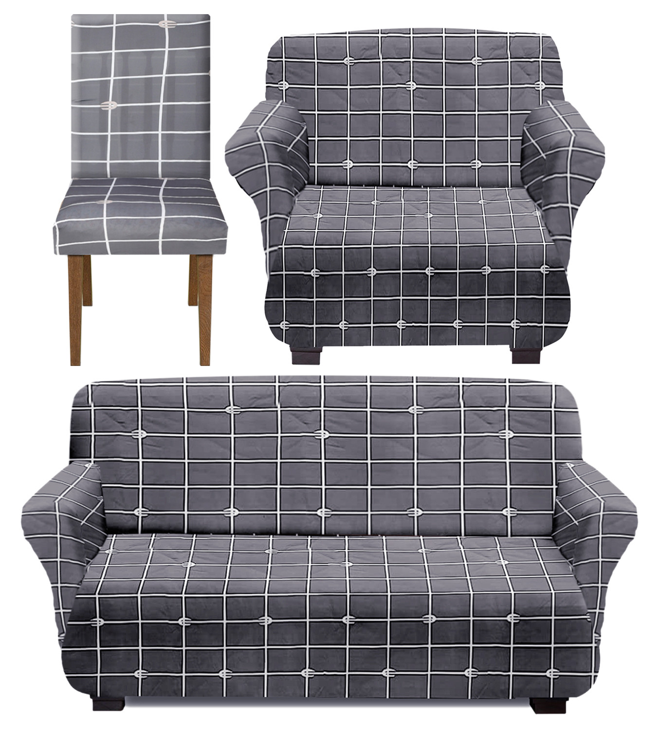 Kuber Industries Check Printed Stretchable, Non-Slip Polyster 1 & 3 Seater Sofa Cover & Chair Cover Set, Set of 3 (Grey)
