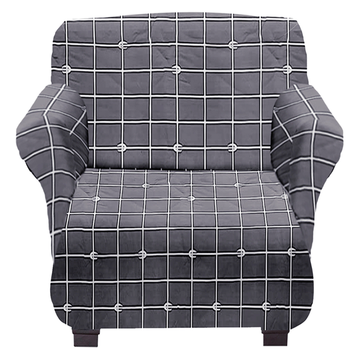 Kuber Industries Check Printed Stretchable, Non-Slip Polyster 1 & 3 Seater Sofa Cover & Chair Cover Set, Set of 3 (Grey)