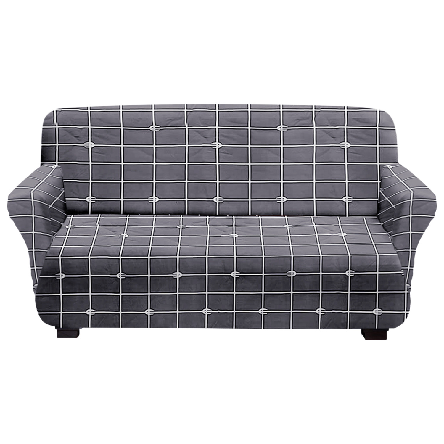 Kuber Industries Check Printed Stretchable, Non-Slip Polyster 1 & 3 Seater Sofa Cover & Chair Cover Set, Set of 3 (Grey)