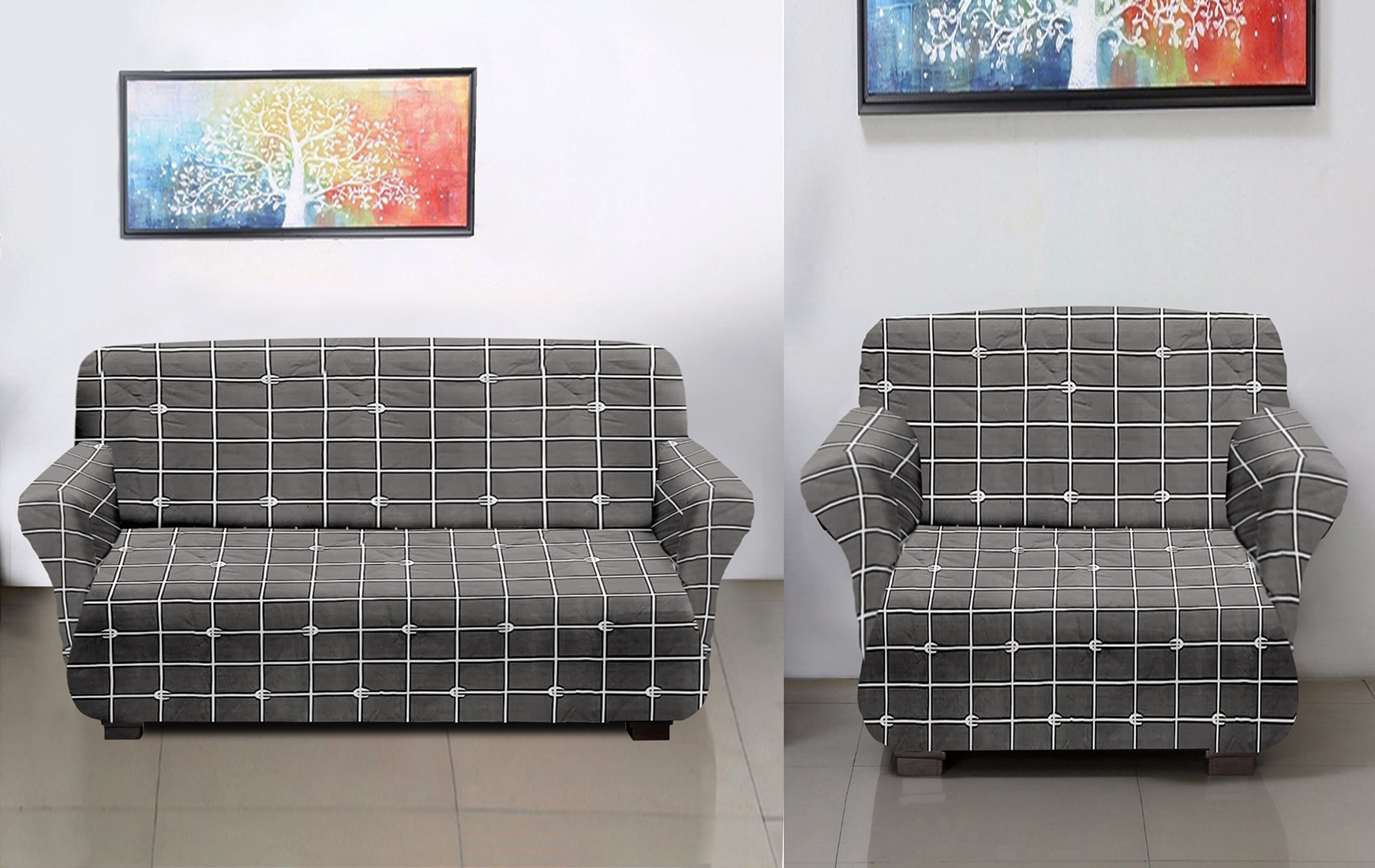 Kuber Industries Check Printed Stretchable, Non-Slip Polyster 1 & 3 Seater Sofa Cover/Slipcover/Protector Set With Foam Stick, Set of 2 (Grey)
