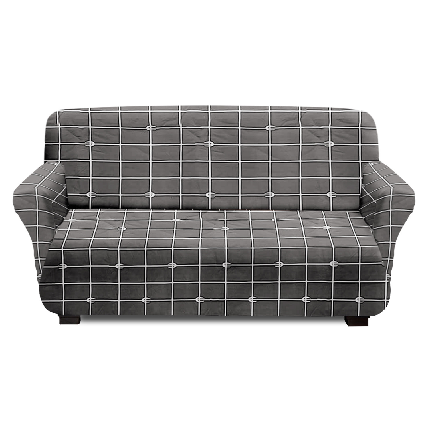 Kuber Industries Check Printed Stretchable, Non-Slip Polyster 1 & 3 Seater Sofa Cover/Slipcover/Protector Set With Foam Stick, Set of 2 (Grey)