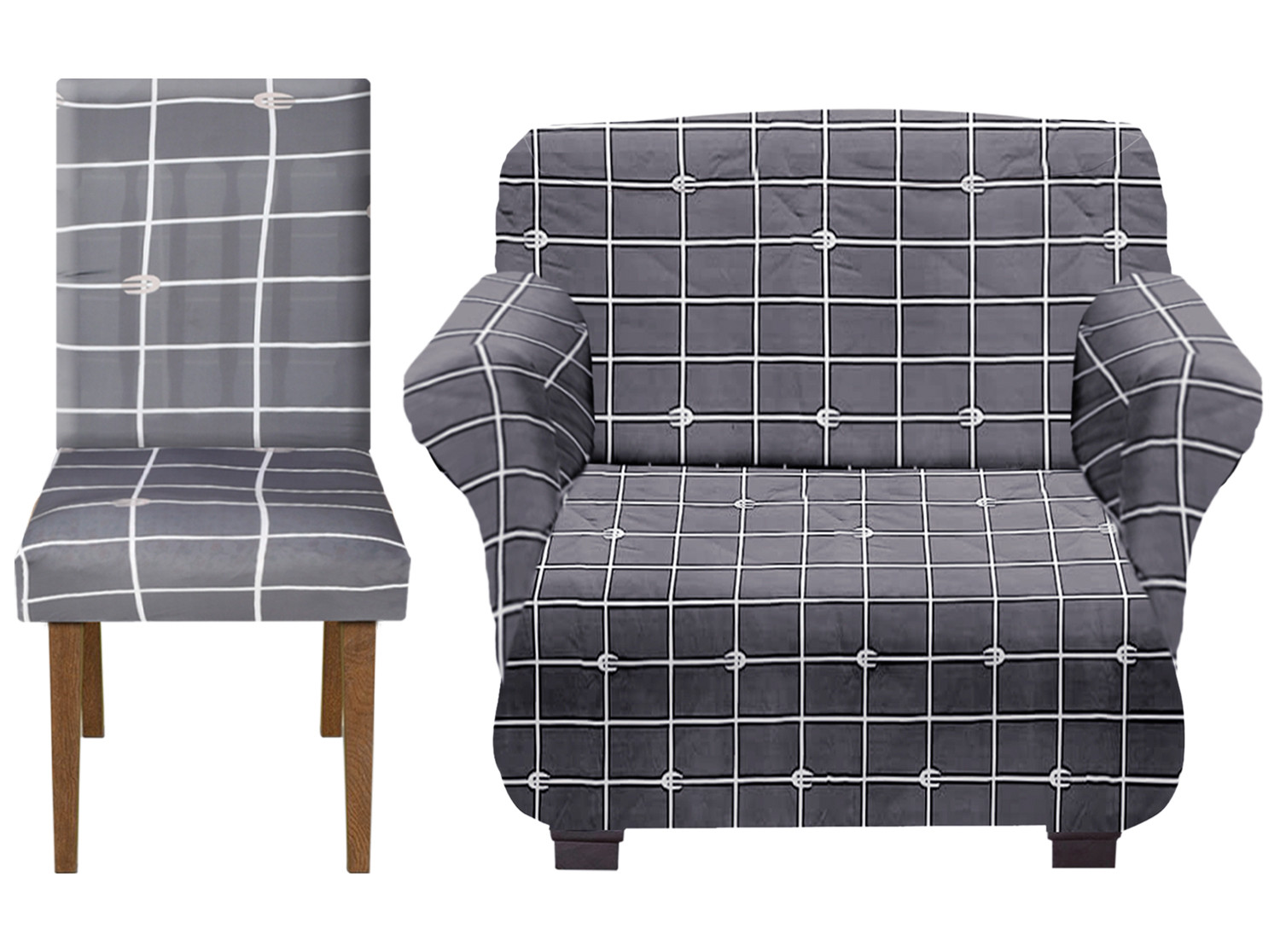 Kuber Industries Check Printed Stretchable, Non-Slip Polyster 1 Seater Sofa & Chair Cover Set, Set of 2 (Grey)