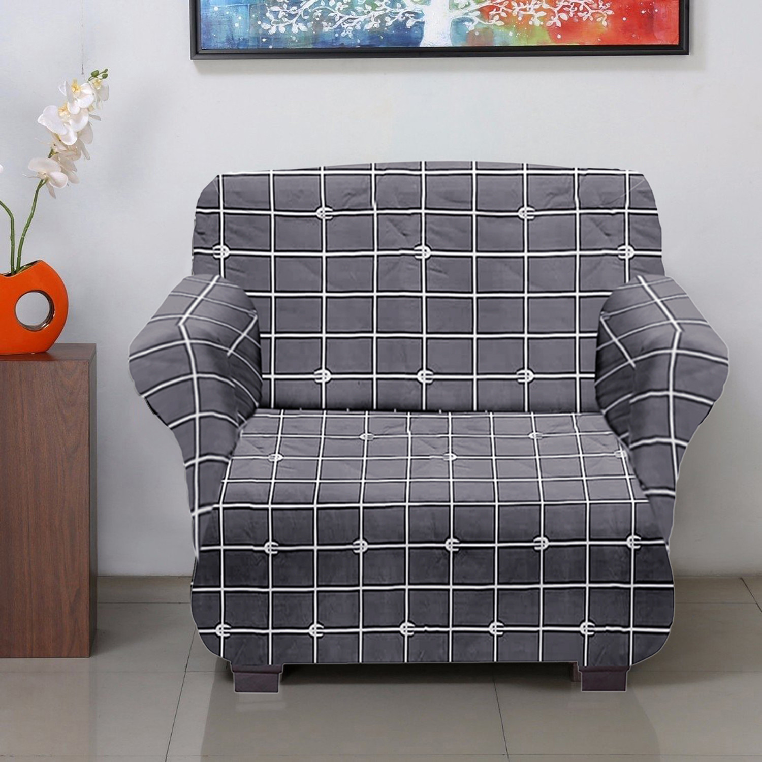 Kuber Industries Check Printed Stretchable, Non-Slip Polyster 1 Seater Sofa & Chair Cover Set, Set of 2 (Grey)