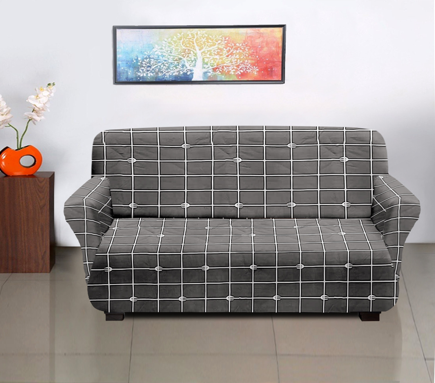 Kuber Industries Check Printed Stretchable, Non-Slip Polyster 3 Seater Sofa Cover/Slipcover/Protector With Foam Stick (Grey)