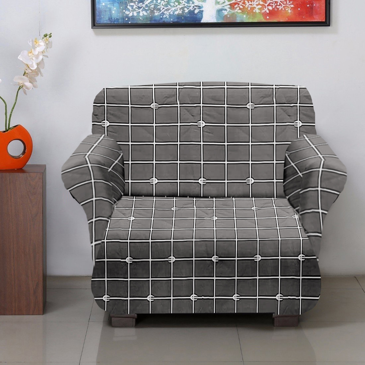 Kuber Industries Check Printed Stretchable, Non-Slip Polyster Single Seater Sofa Cover/Slipcover/Protector With Foam Stick (Grey)
