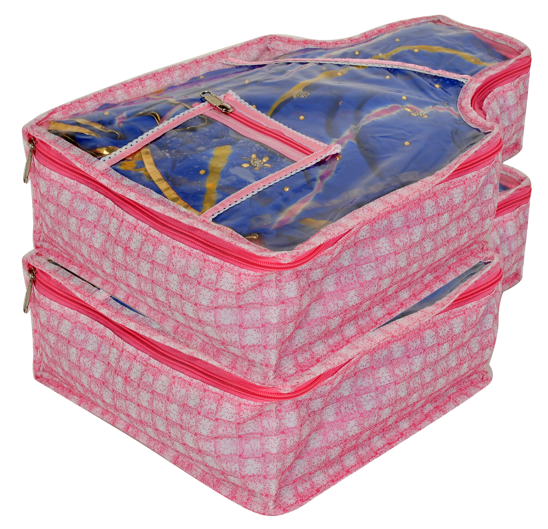 Kuber Industries Check Printed Transparent Blouse Cover Wardrobe Organiser Clothes Storage Bag With 1 Small Pocket (Pink)-HS_38_KUBMART21417
