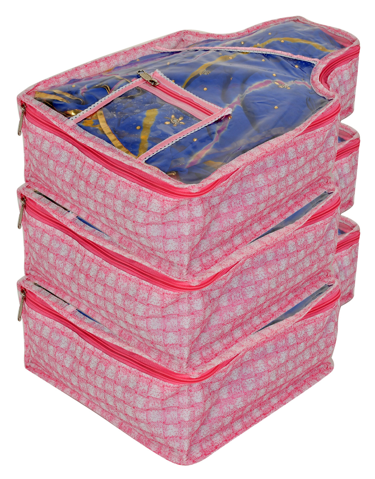 Kuber Industries Check Printed Transparent Blouse Cover Wardrobe Organiser Clothes Storage Bag With 1 Small Pocket (Pink)-HS_38_KUBMART21417