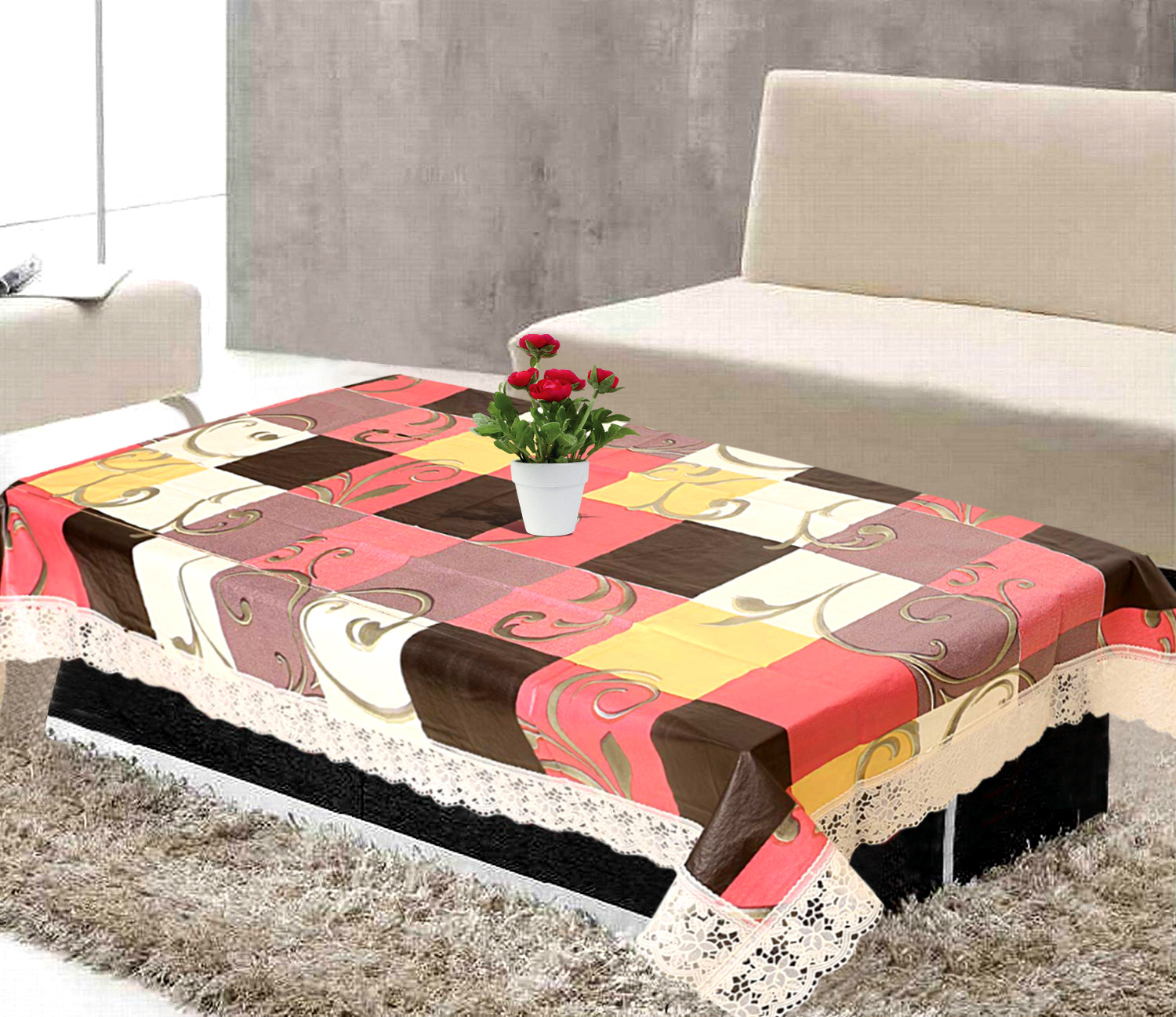 Kuber Industries Checked Design PVC 4 Seater Center Table Cover 40