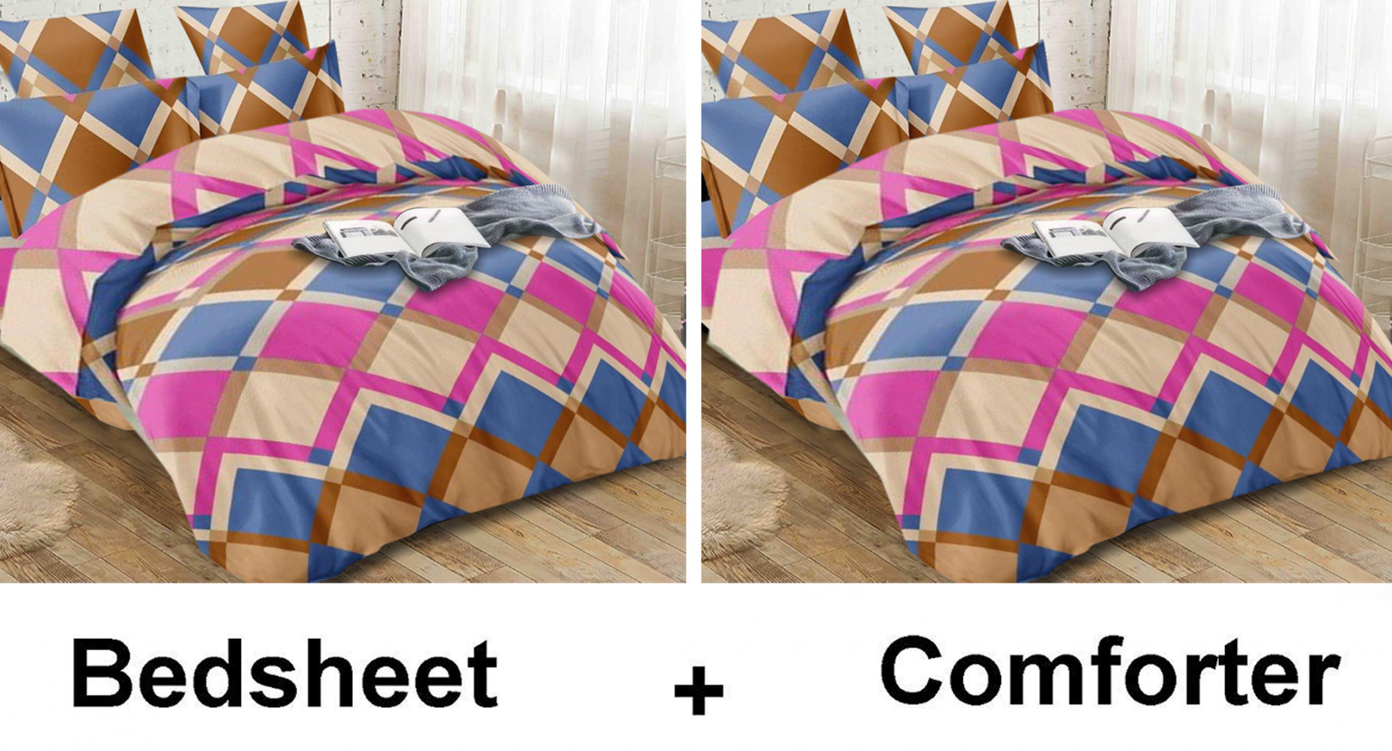 Kuber Industries Checkered Print Glace Cotton AC Comforter King Size Bed Comforter, Double Bed Sheet, 2 Pillow Cover (Brown, 90x100 Inches)-Set of 4 Pieces