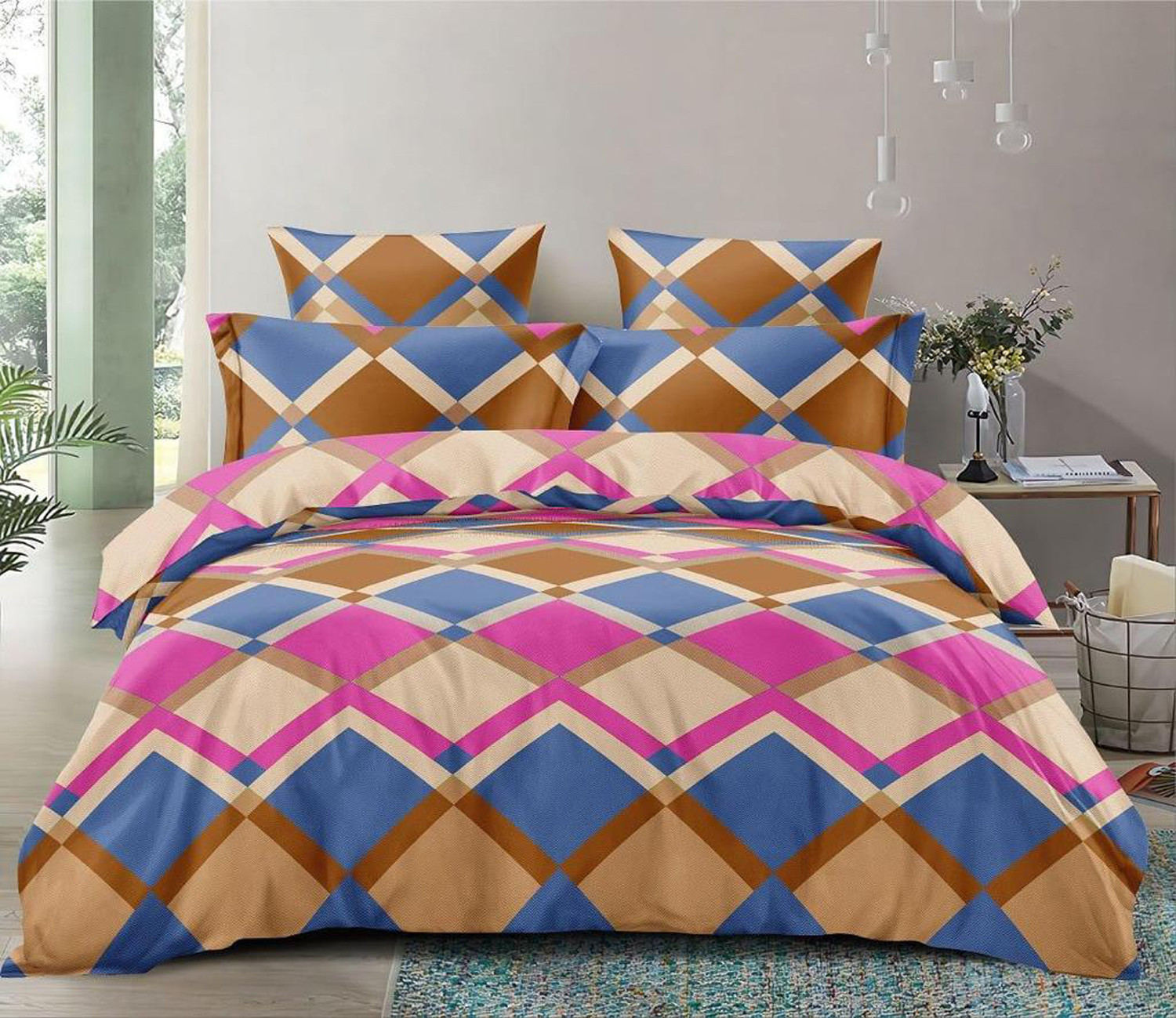 Kuber Industries Checkered Print Glace Cotton AC Comforter King Size Bed Comforter, Double Bed Sheet, 2 Pillow Cover (Brown, 90x100 Inches)-Set of 4 Pieces