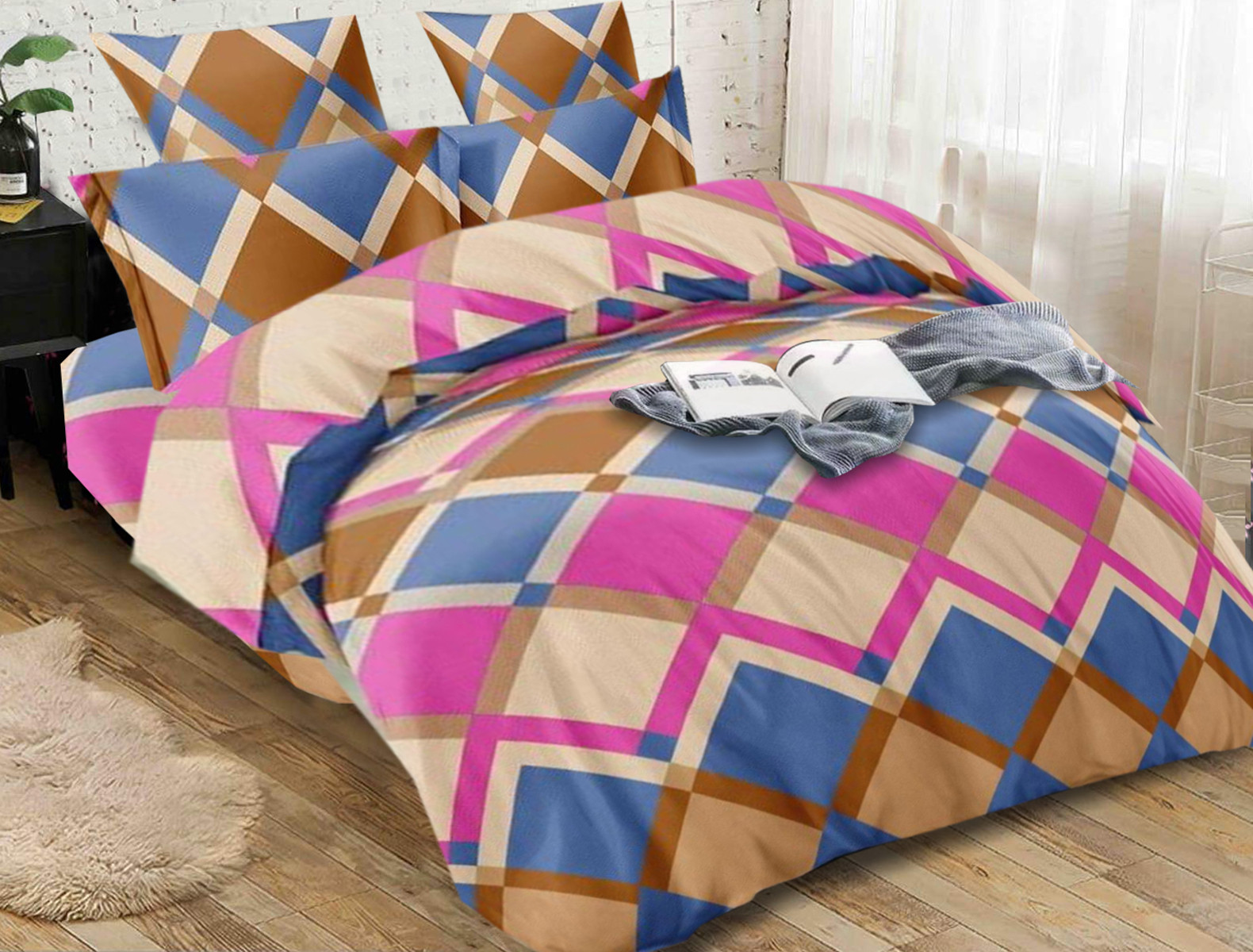 Kuber Industries Checkered Print Glace Cotton AC Comforter King Size Bed Comforter, Double Bed Sheet, 2 Pillow Cover (Brown, 90x100 Inches)-Set of 4 Pieces