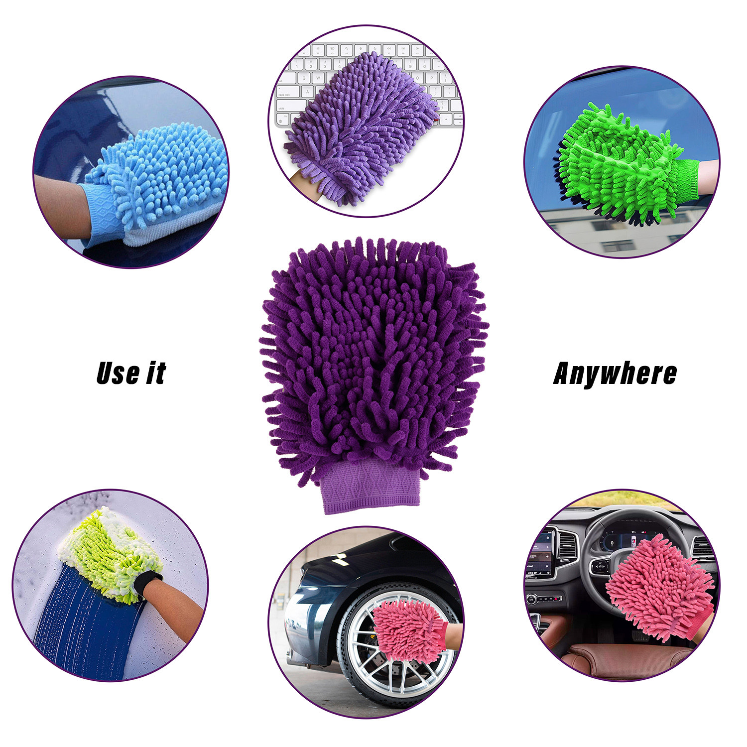 Kuber Industries Chenille Mitts|Microfiber Cleaning Gloves|Inside Waterproof Cloth Gloves|100 Gram Weighted Hand Duster|Hand Chenille Gloves For Car|Glass (Purple)