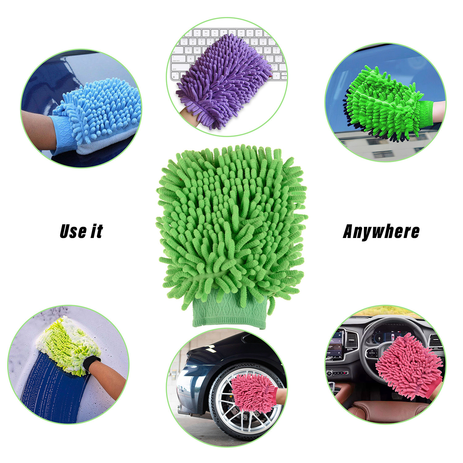 Kuber Industries Chenille Mitts|Microfiber Cleaning Gloves|Inside Waterproof Cloth Gloves|100 Gram Weighted Hand Duster|Hand Chenille Gloves For Car|Glass (Green)