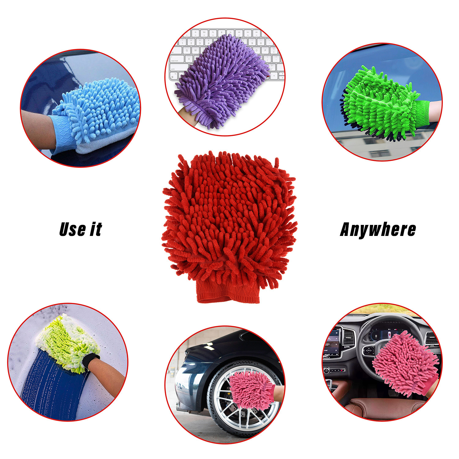 Kuber Industries Chenille Mitts|Microfiber Cleaning Gloves|Inside Waterproof Cloth Gloves|100 Gram Weighted Hand Duster|Hand Chenille Gloves For Car|Glass (Red)