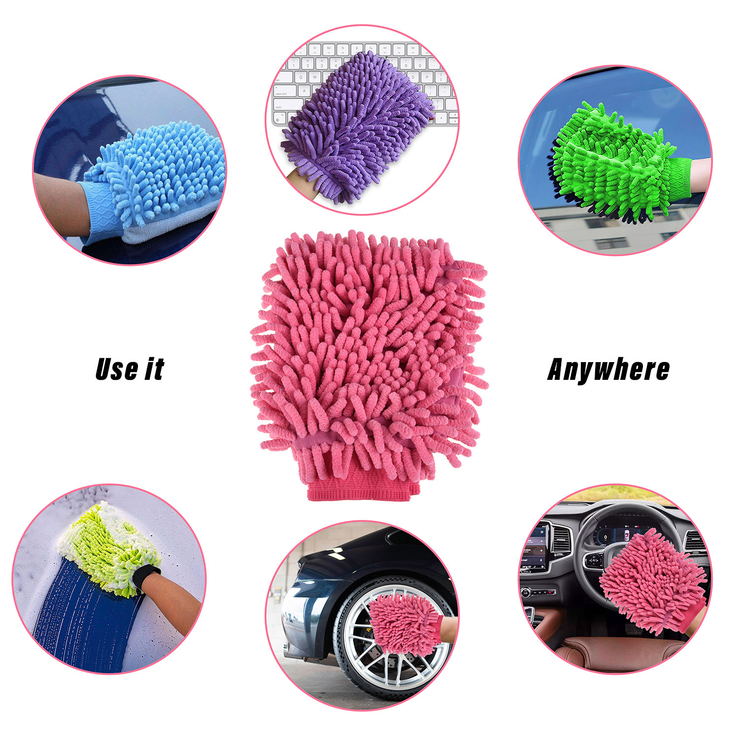 Kuber Industries Chenille Mitts|Microfiber Cleaning Gloves|Inside Waterproof Cloth Gloves|100 Gram Weighted Hand Duster|Hand Chenille Gloves For Car|Glass (Pink)