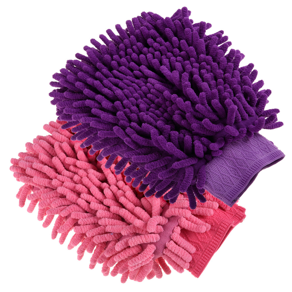 Kuber Industries Chenille Mitts|Microfiber Cleaning Gloves|Inside Waterproof Cloth Gloves|100 Gram Weighted Hand Duster|Chenille Gloves For Car|Glass|Pack of 2 (Purple &amp; Pink)
