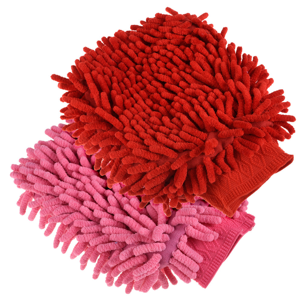 Kuber Industries Chenille Mitts|Microfiber Cleaning Gloves|Inside Waterproof Cloth Gloves|100 Gram Weighted Hand Duster|Chenille Gloves For Car|Glass|Pack of 2 (Red &amp; Pink)
