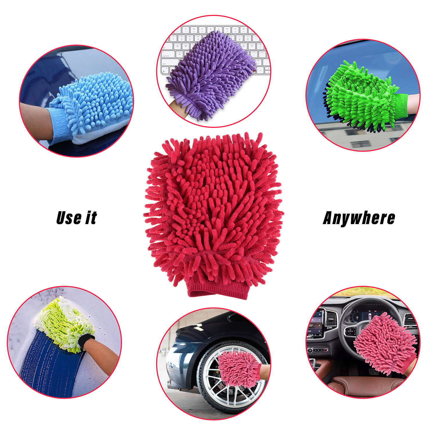 Kuber Industries Chenille Mitts|Microfiber Cleaning Gloves|Inside Waterproof Cloth Gloves|100 Gram Weighted Hand Duster|Chenille Gloves For Car|Glass|Pack of 2 (Red & Dark Pink)