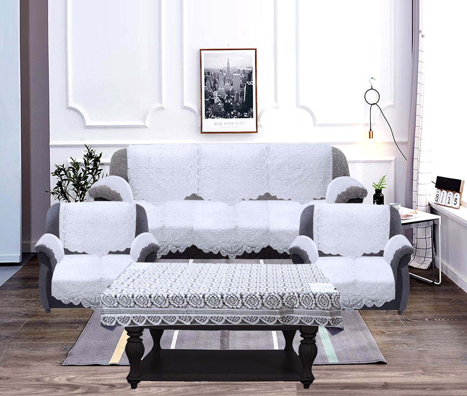 Kuber Industries Circle Design Cotton 5 Seater Sofa Cover With 6 Pieces Arms cover And 1 Center Table Cover Use Both Side, Living Room, Drawing Room, Bedroom, Guest Room (Set Of17, White)-KUBMRT11999